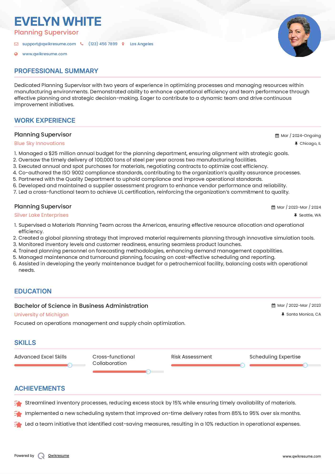Planning Supervisor Resume Sample