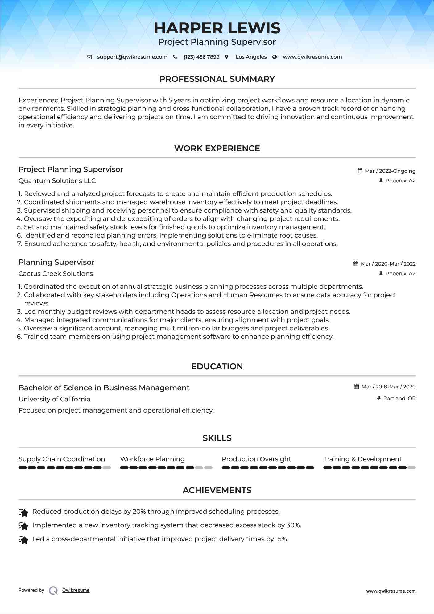Project Planning Supervisor Resume Model