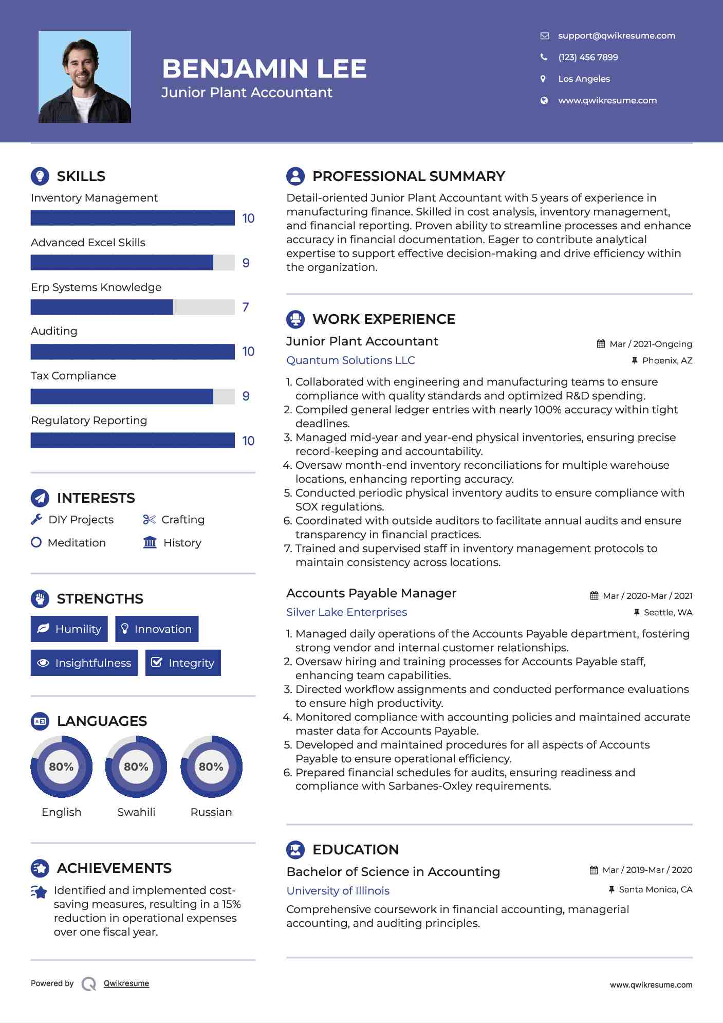 Junior Plant Accountant  Resume Example