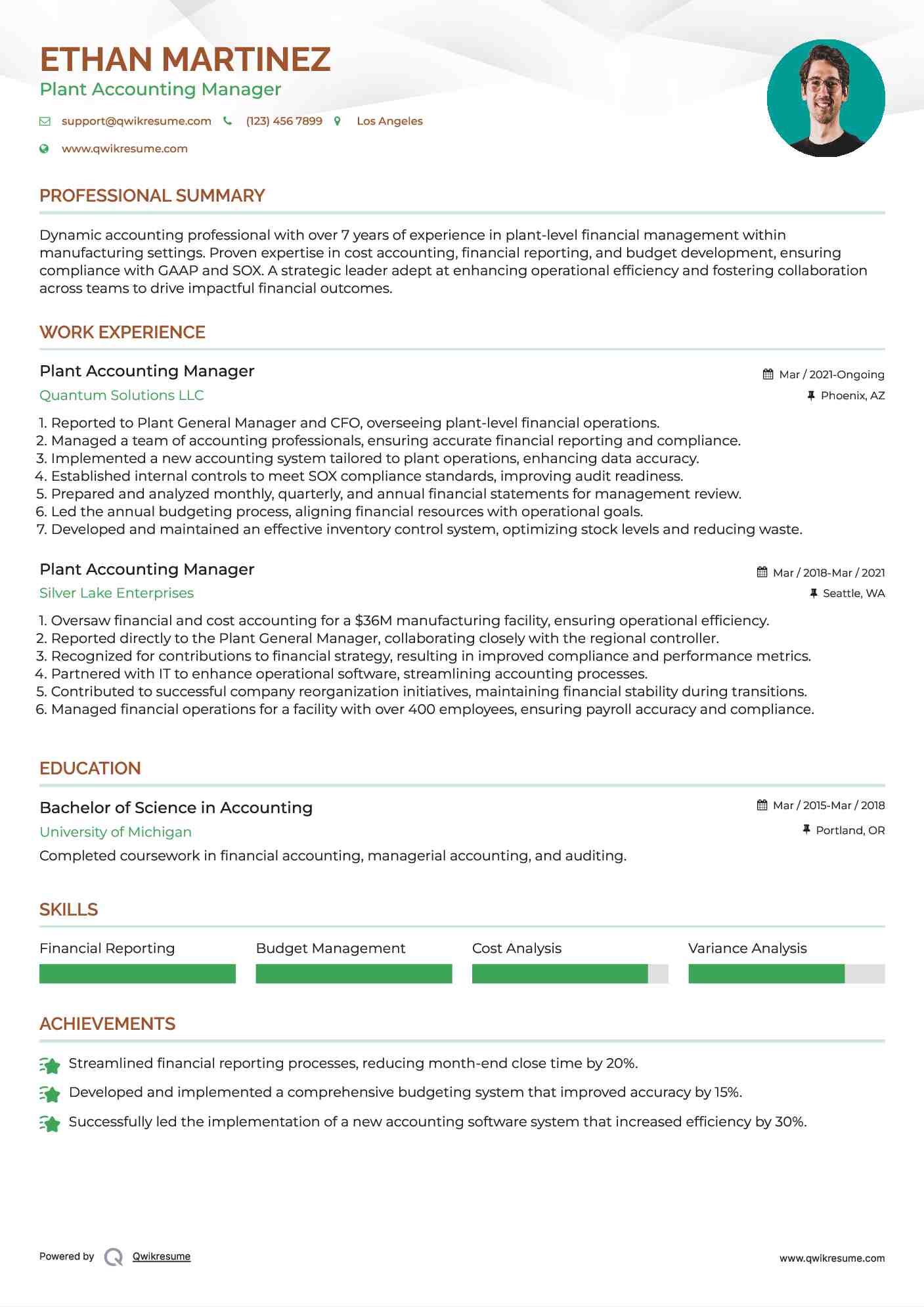 Plant Accounting Manager Resume Format