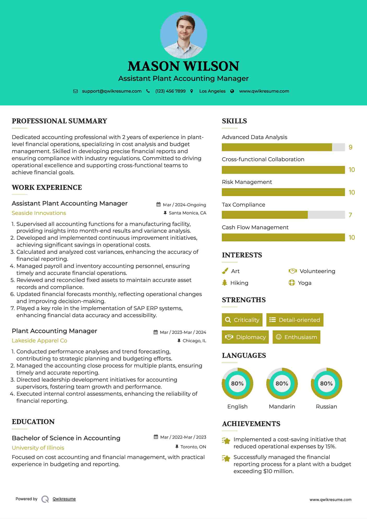 Assistant Plant Accounting Manager Resume Template