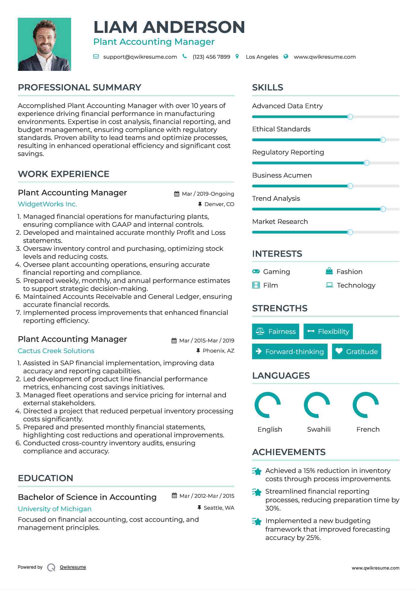 Plant Accounting Manager Resume Model