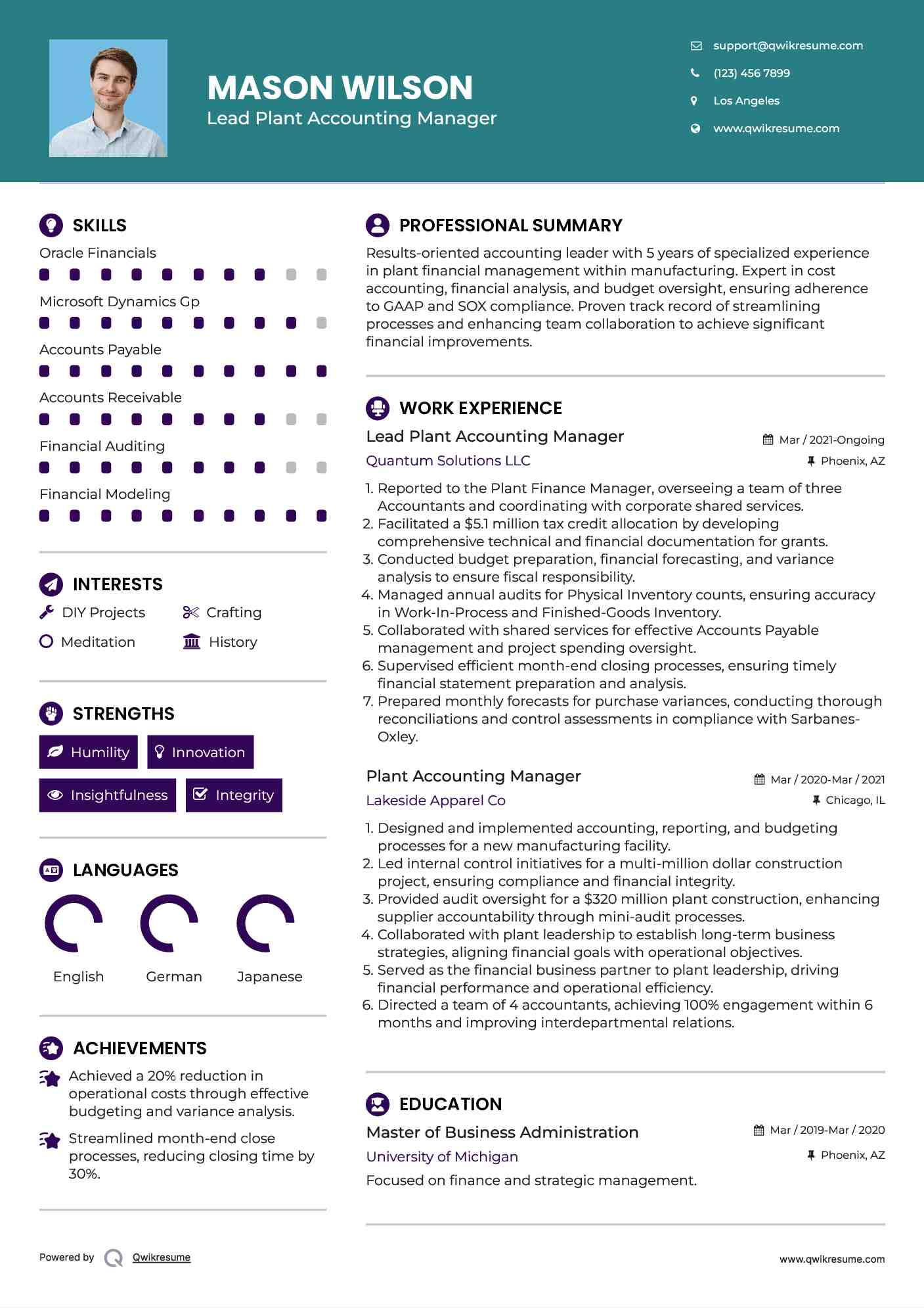 Lead Plant Accounting Manager Resume Example