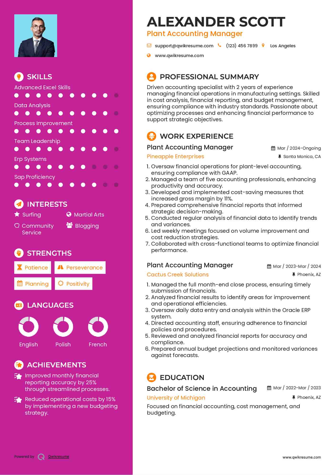 Plant Accounting Manager Resume Format