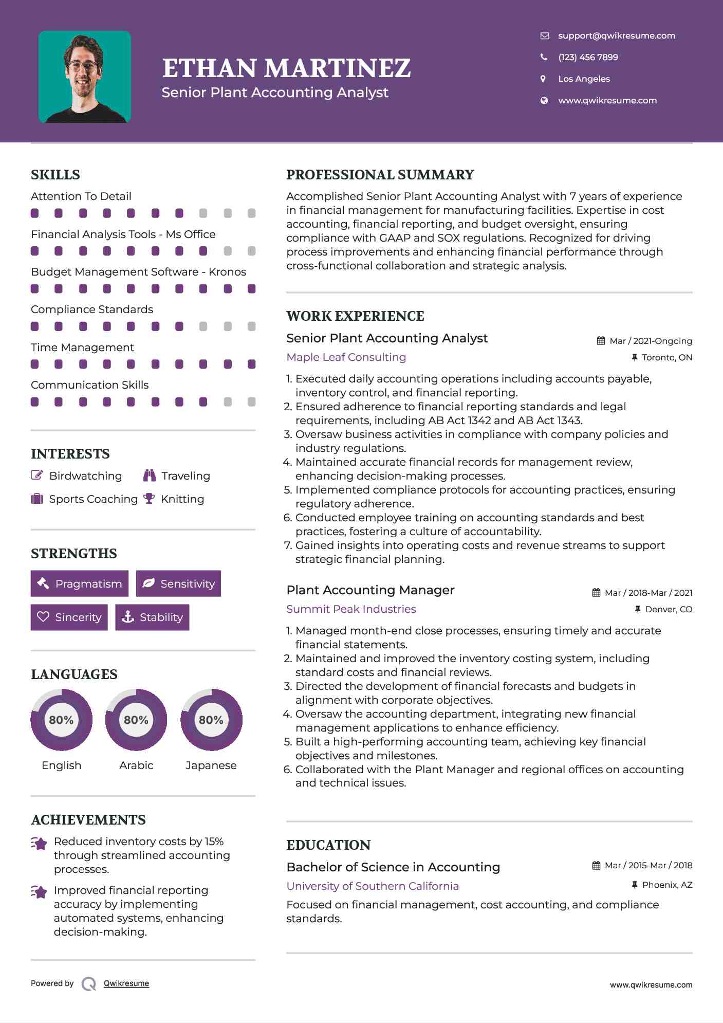 Senior Plant Accounting Analyst Resume Example