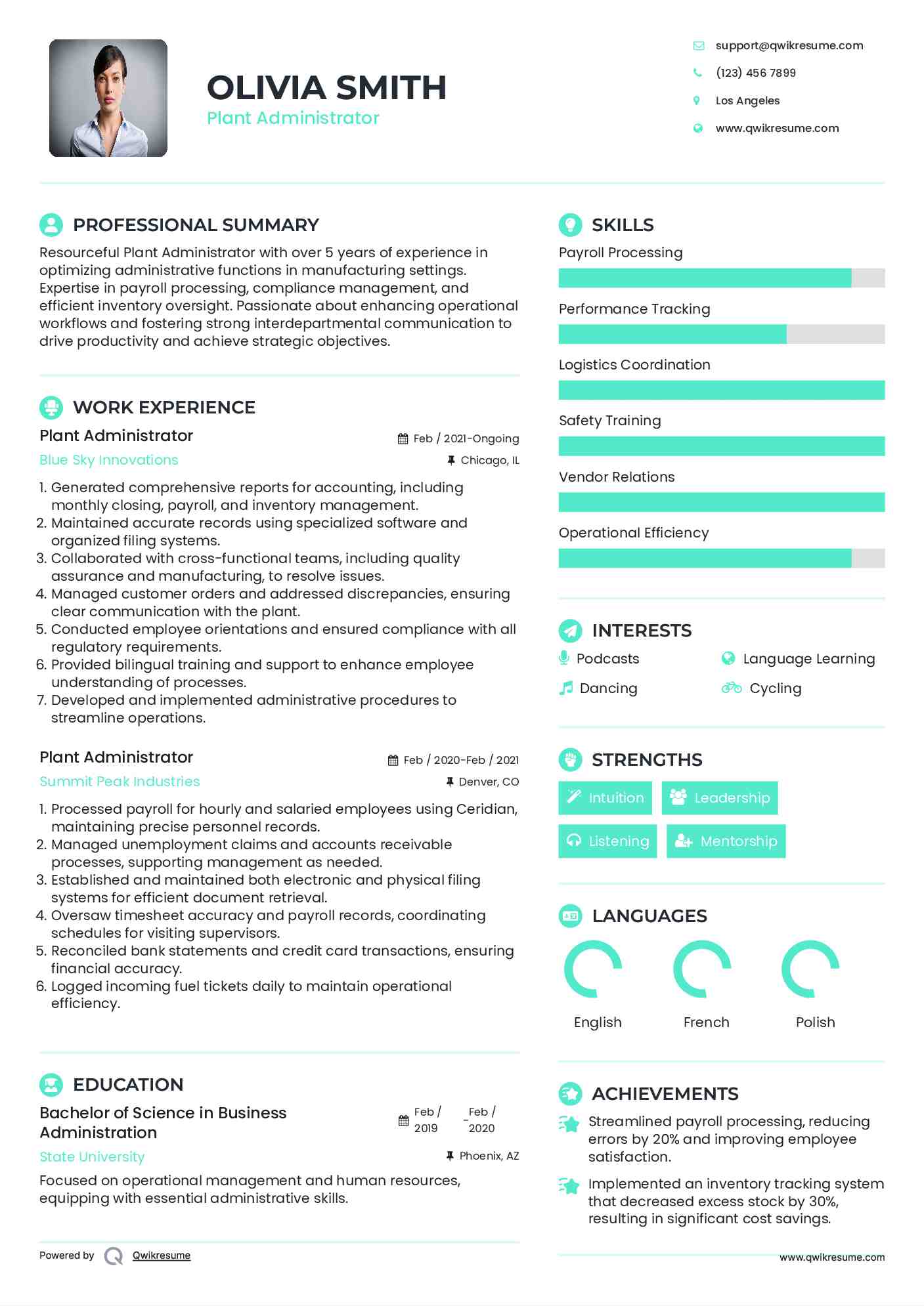 Plant Administrator Resume Format
