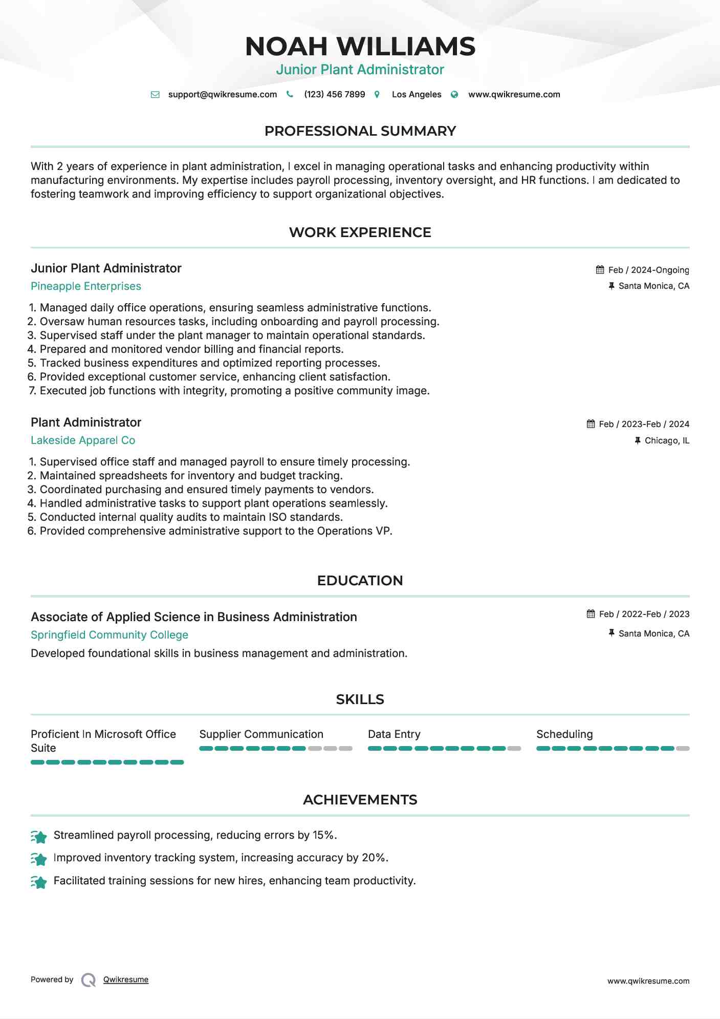 Junior Plant Administrator Resume Example