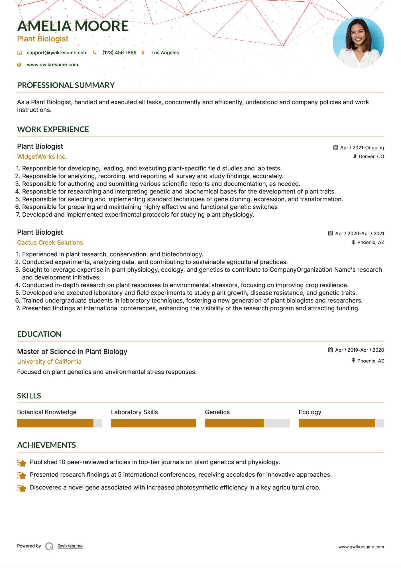 Plant Biologist Resume Example