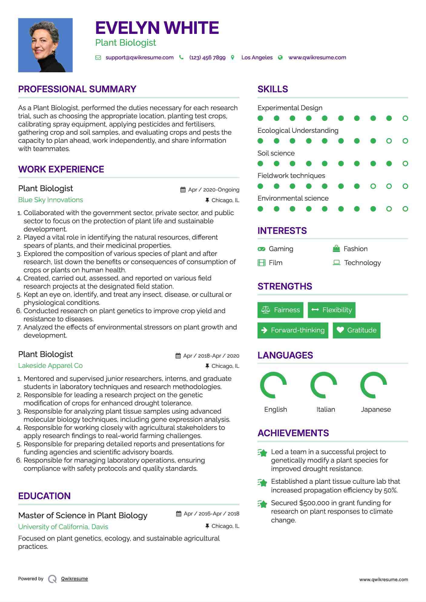 Plant Biologist Resume Sample