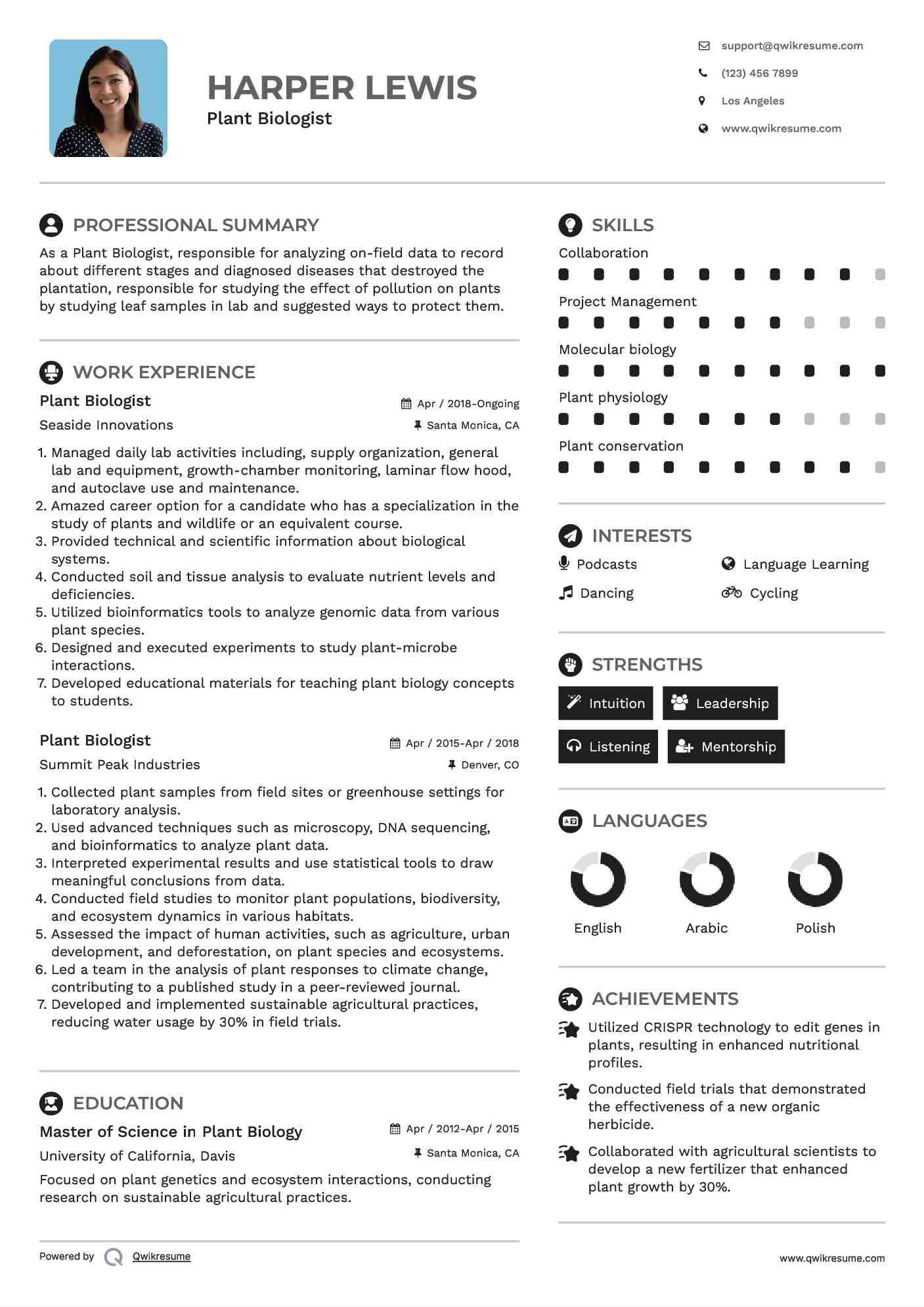 Plant Biologist Resume Sample
