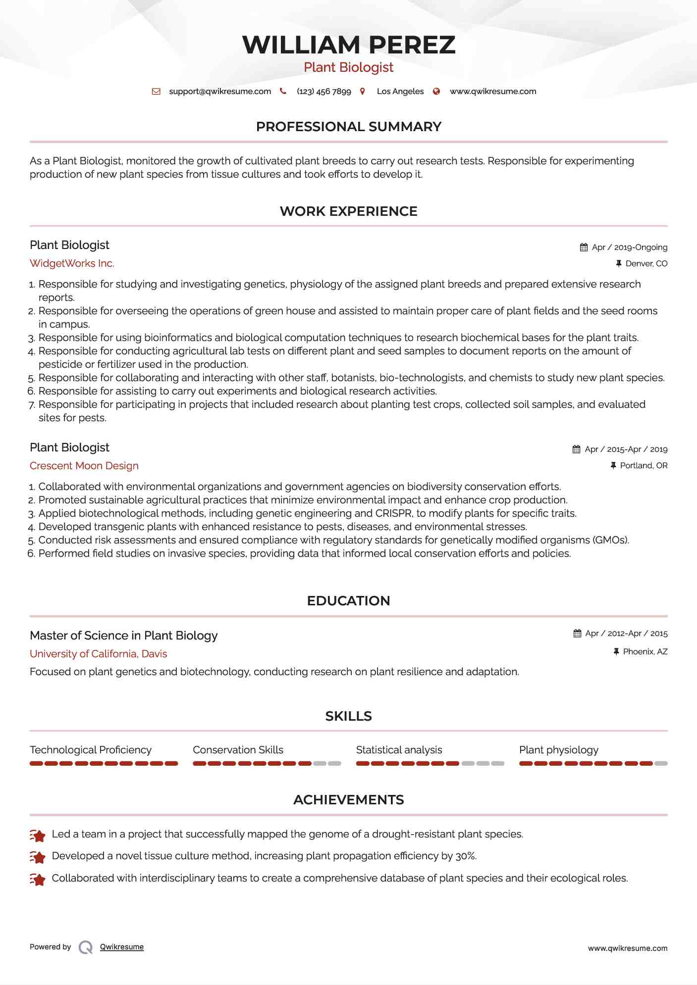 Plant Biologist Resume Sample