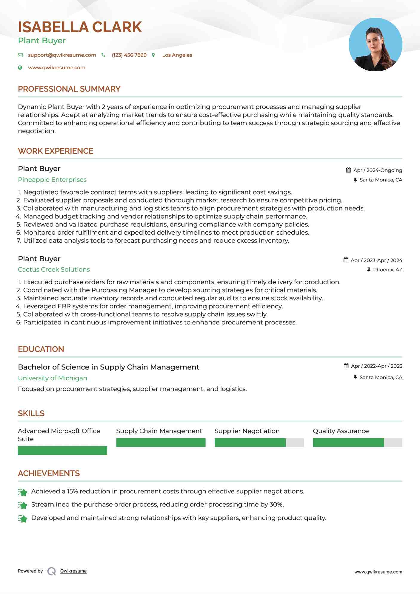 Plant Buyer Resume Sample