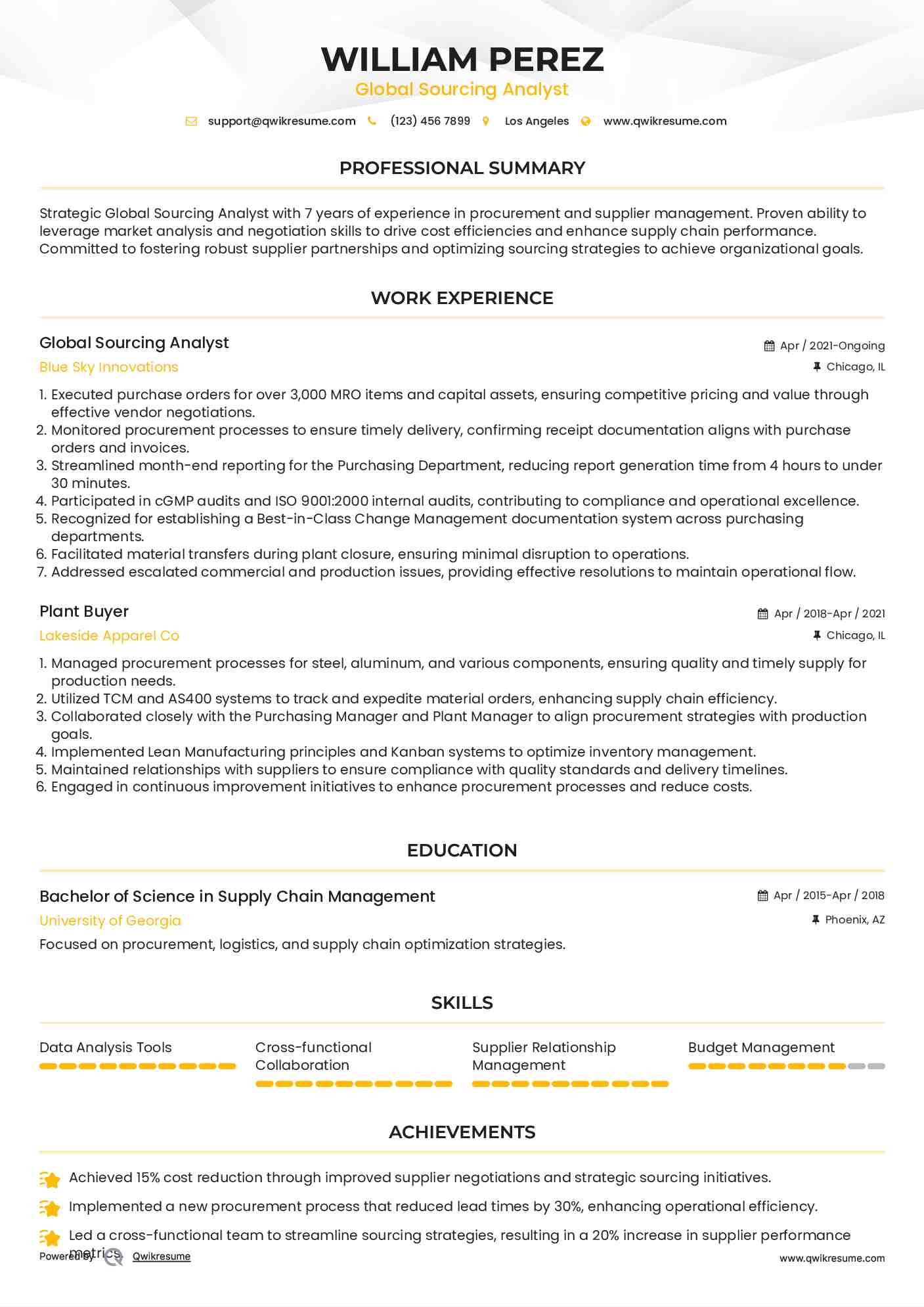 Global Sourcing Analyst Resume Template