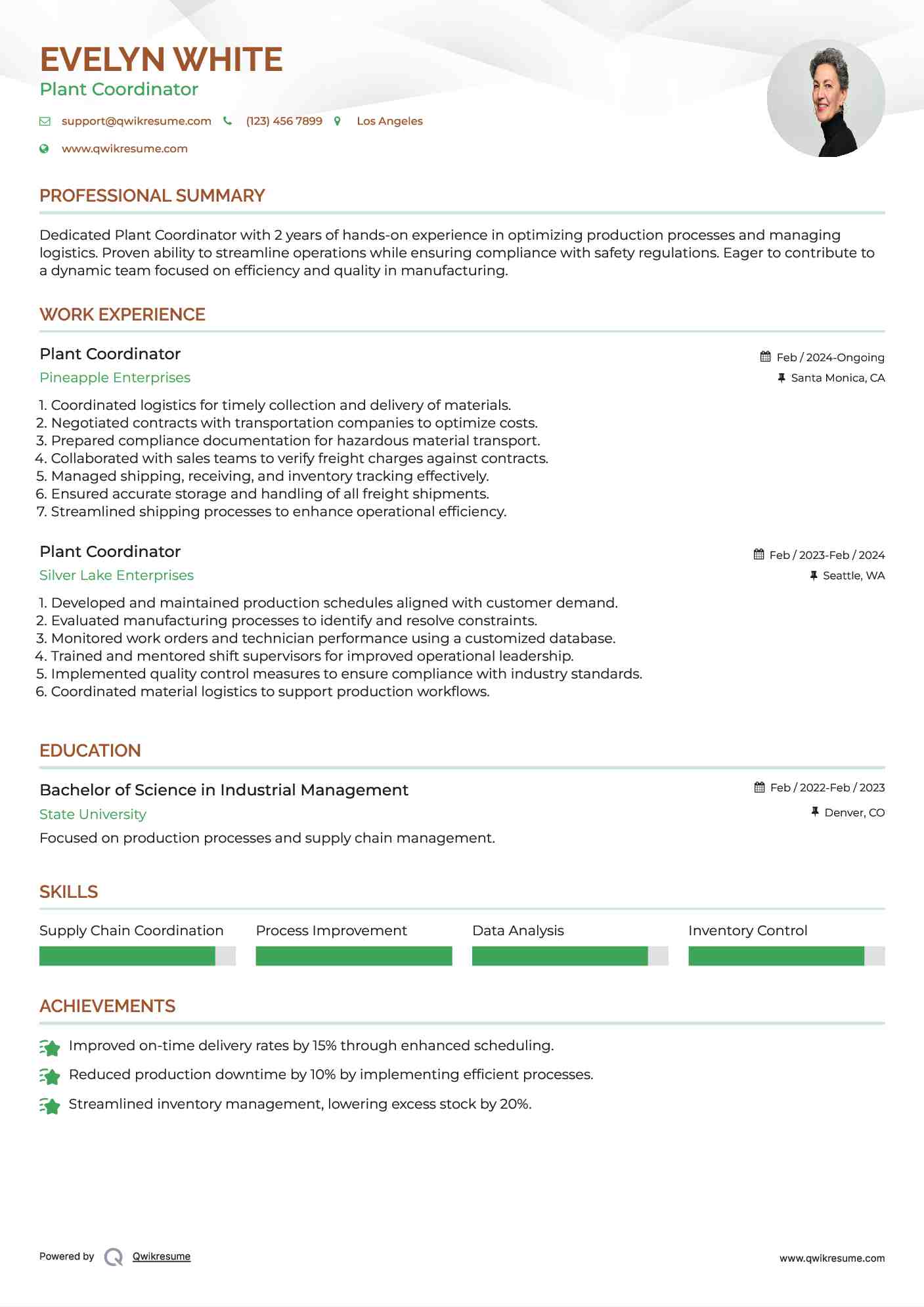 Plant Coordinator Resume Model