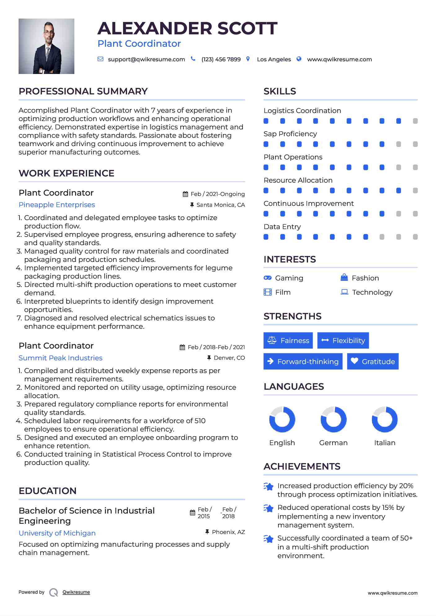 Plant Coordinator Resume Example