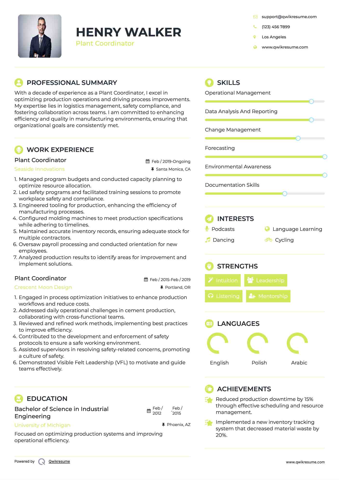Plant Coordinator Resume Template