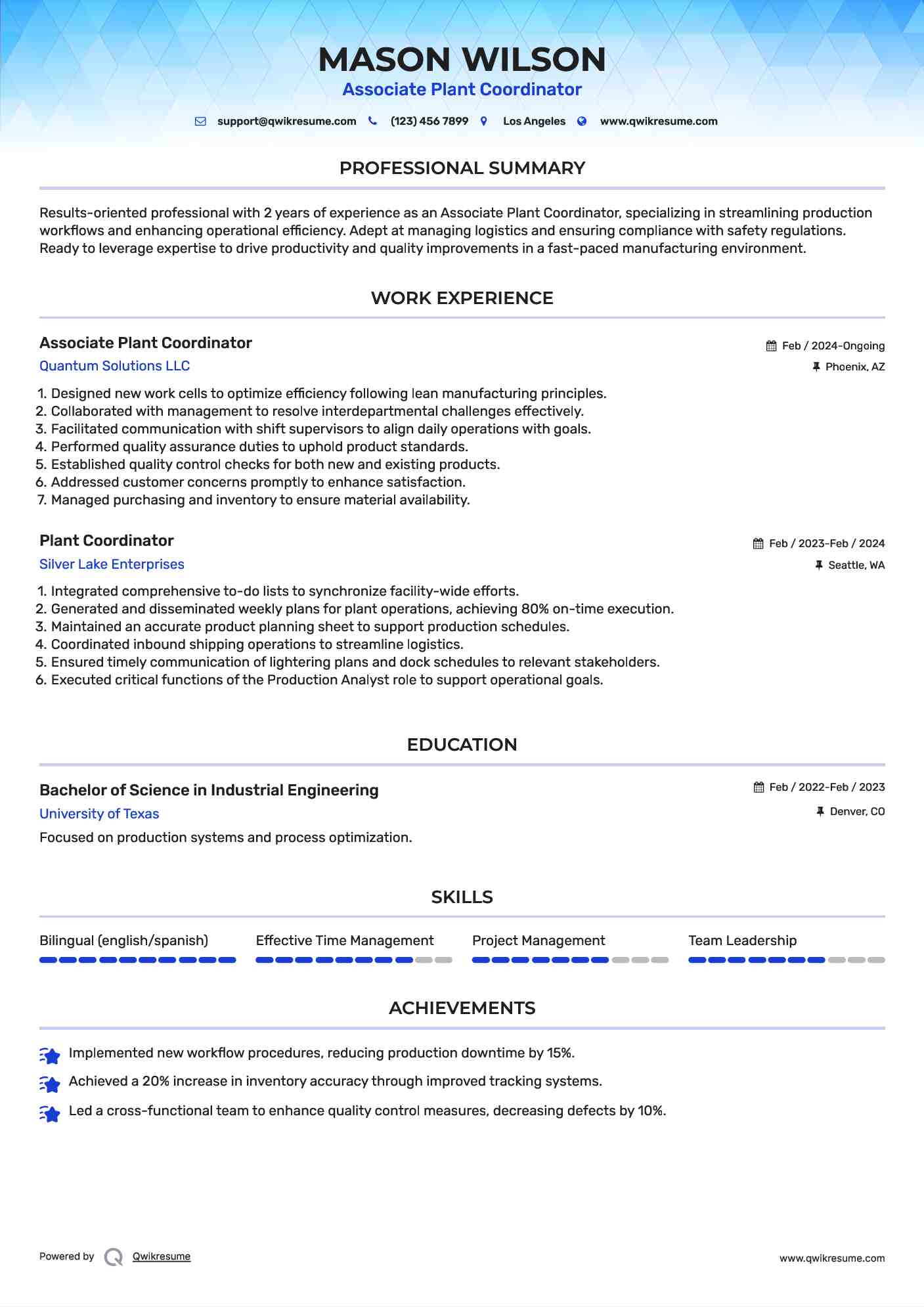 Associate Plant Coordinator Resume Model