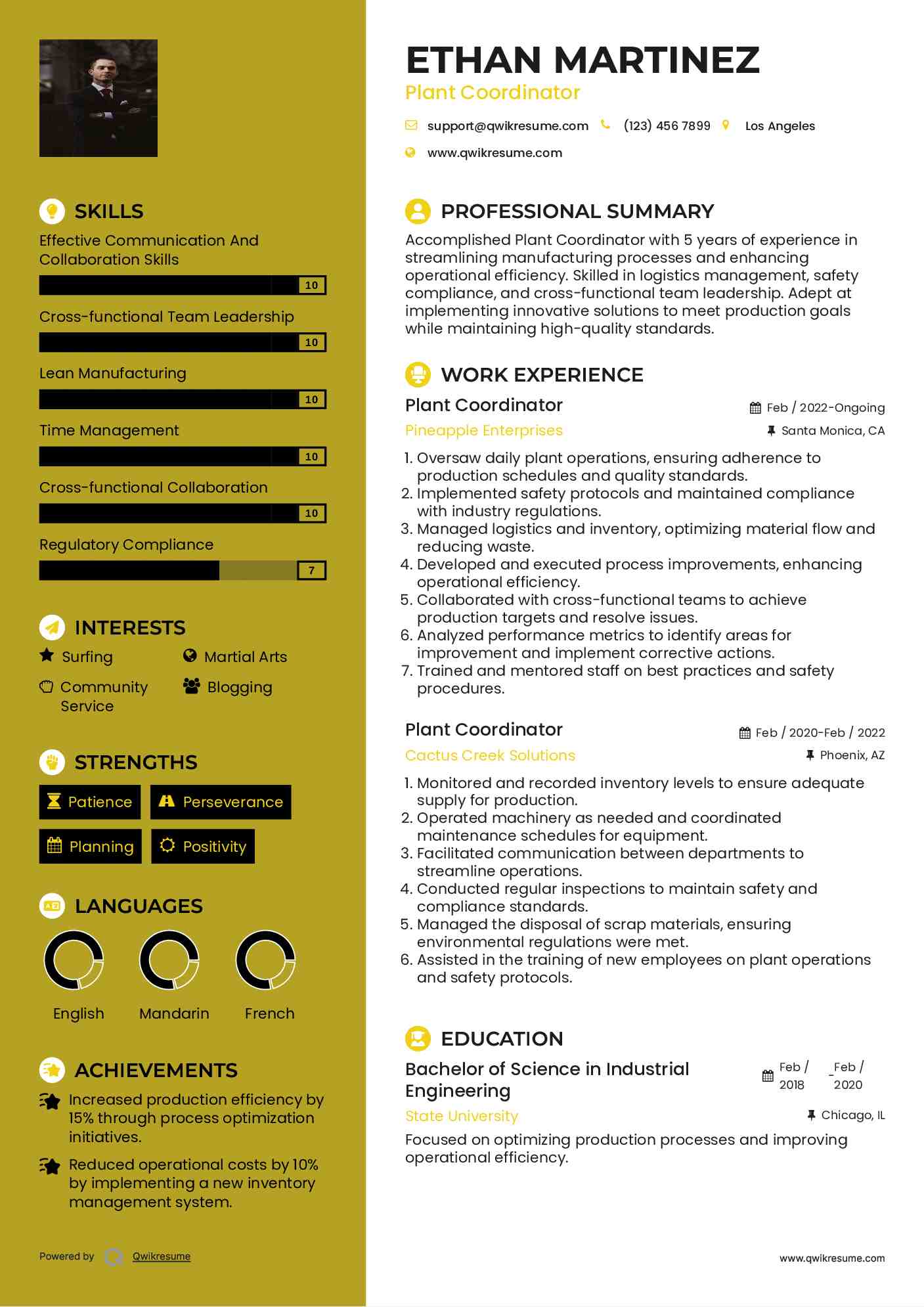 Plant Coordinator Resume Example