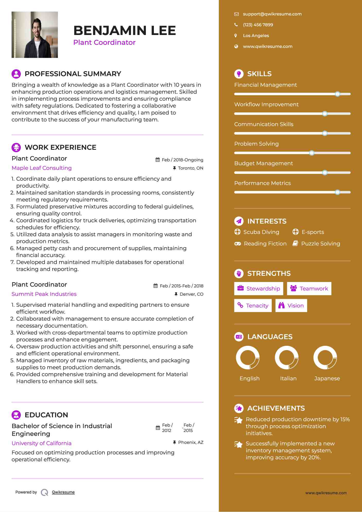Plant Coordinator Resume Template
