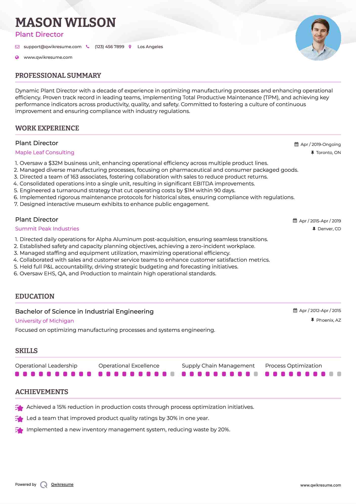 Plant Director Resume Format