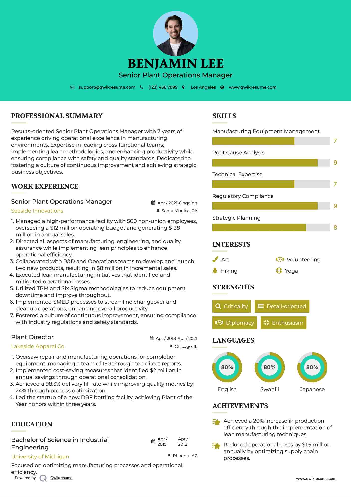 Senior Plant Operations Manager Resume Sample
