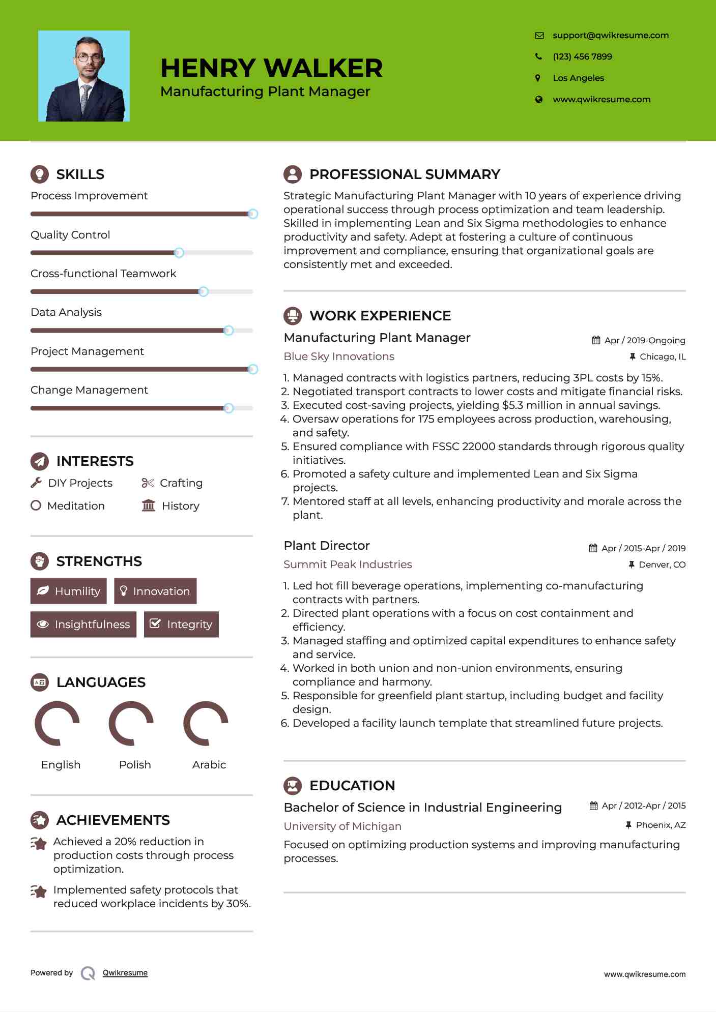 Manufacturing Plant Manager Resume Model