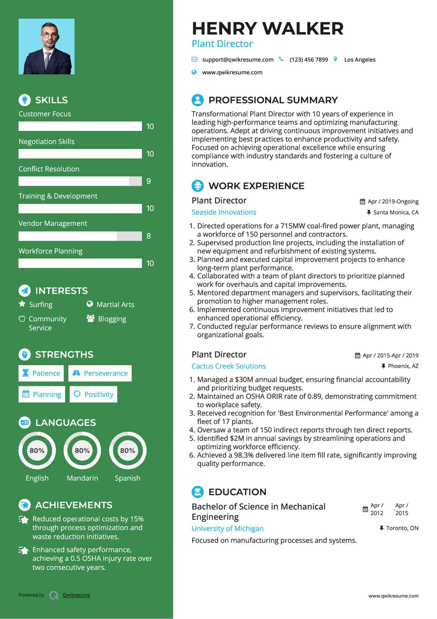 Plant Director Resume Template