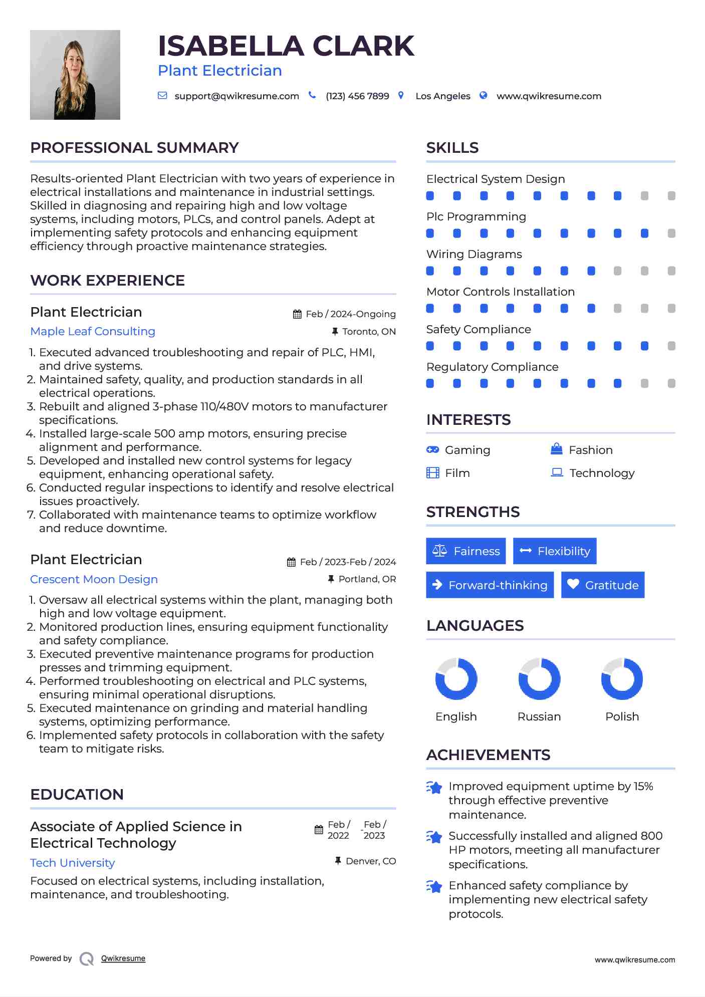 Plant Electrician Resume Example