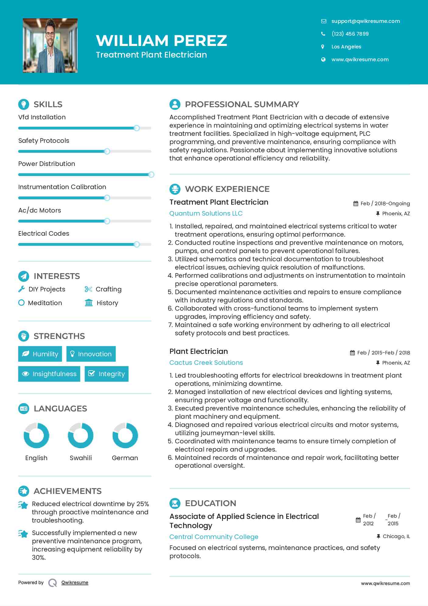 Treatment Plant Electrician
 Resume Example