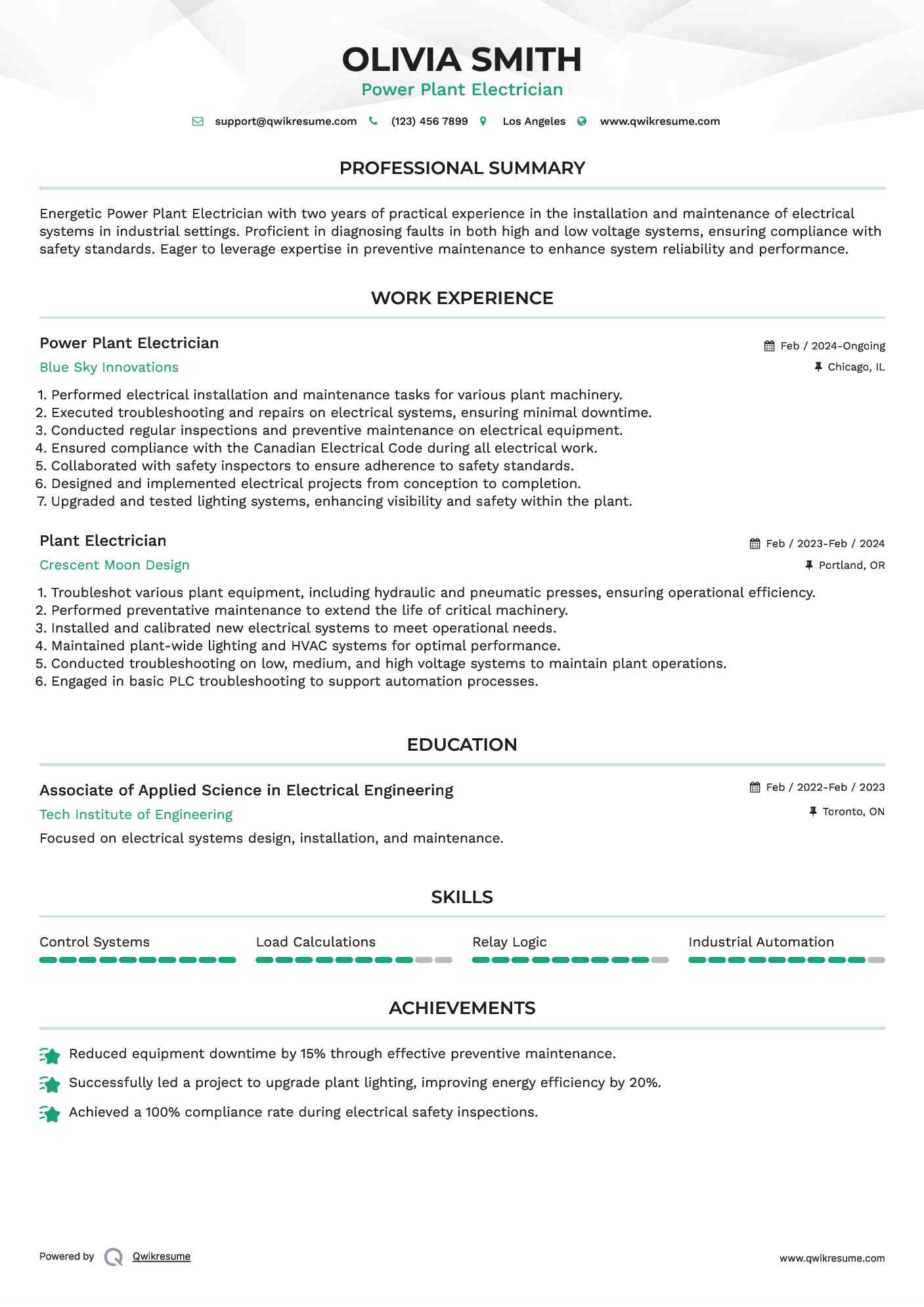 Power Plant Electrician Resume Model