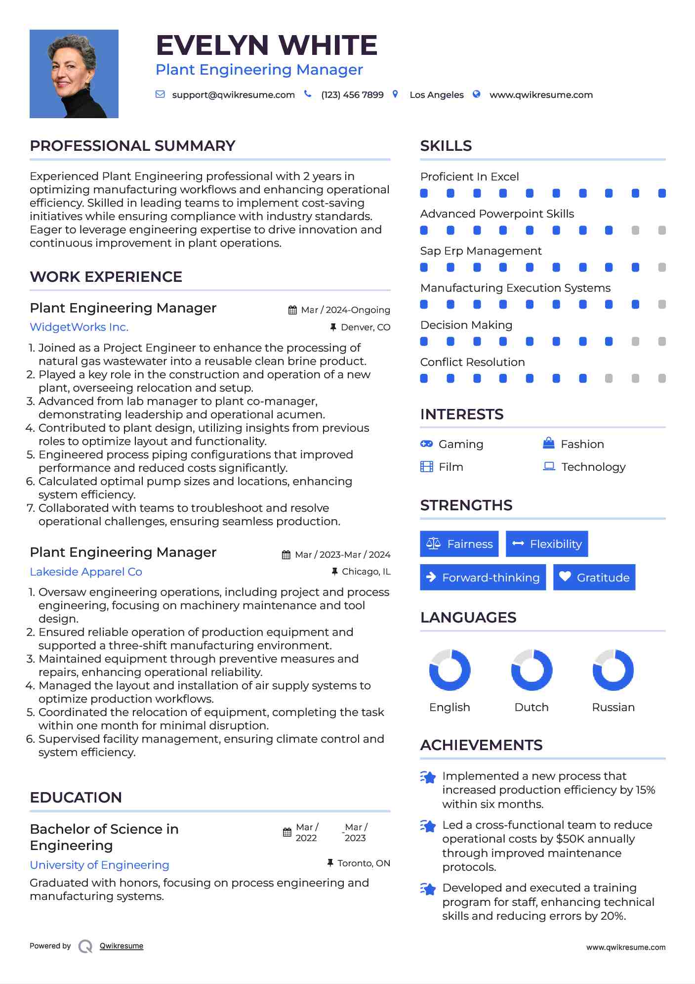 Plant Engineering Manager Resume Samples QwikResume