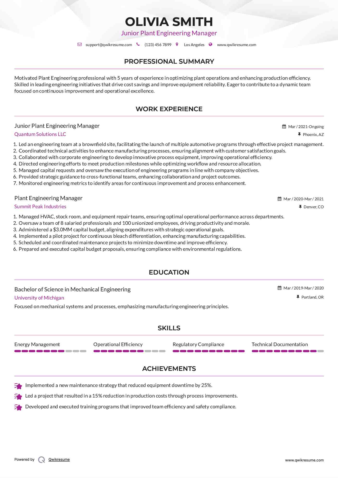 Junior Plant Engineering Manager Resume Format
