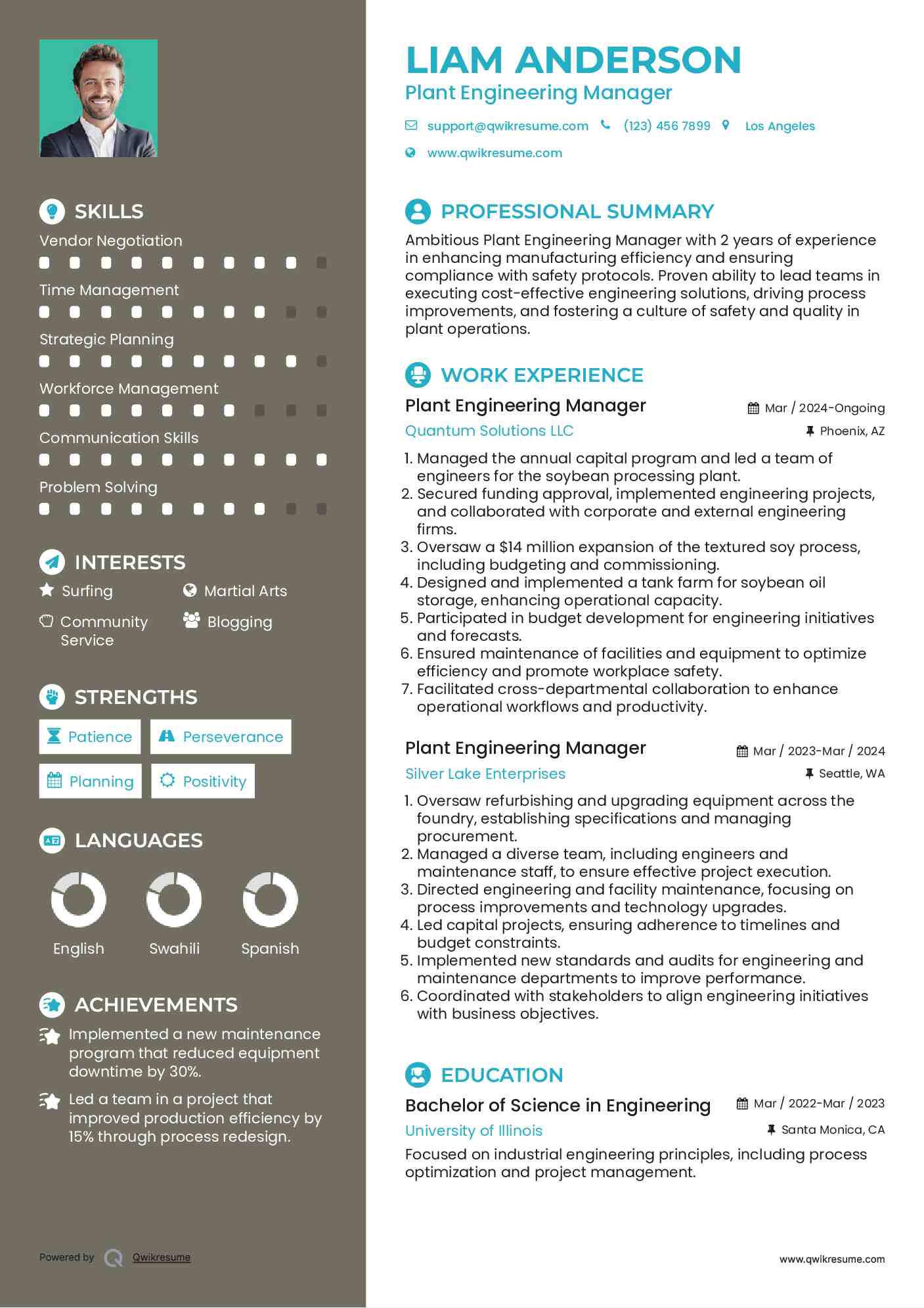 Plant Engineering Manager Resume Example