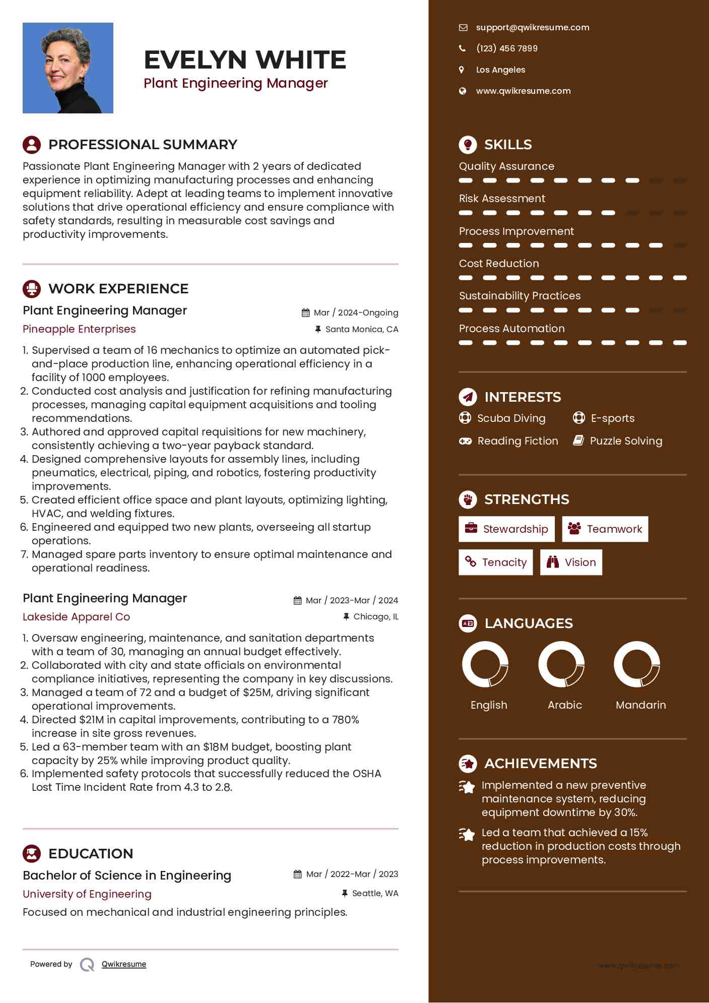 Plant Engineering Manager Resume Template