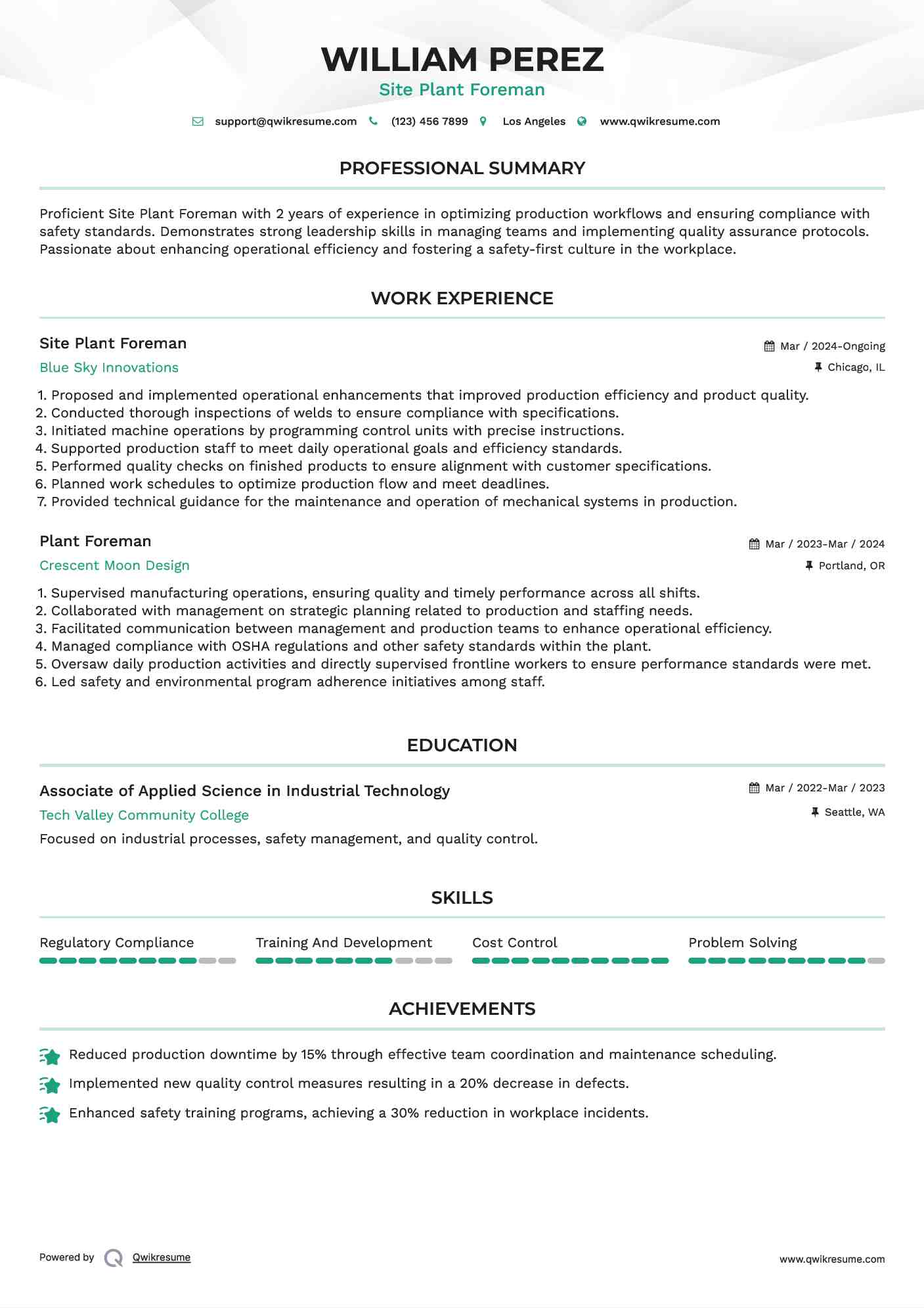 Site Plant Foreman Resume Template