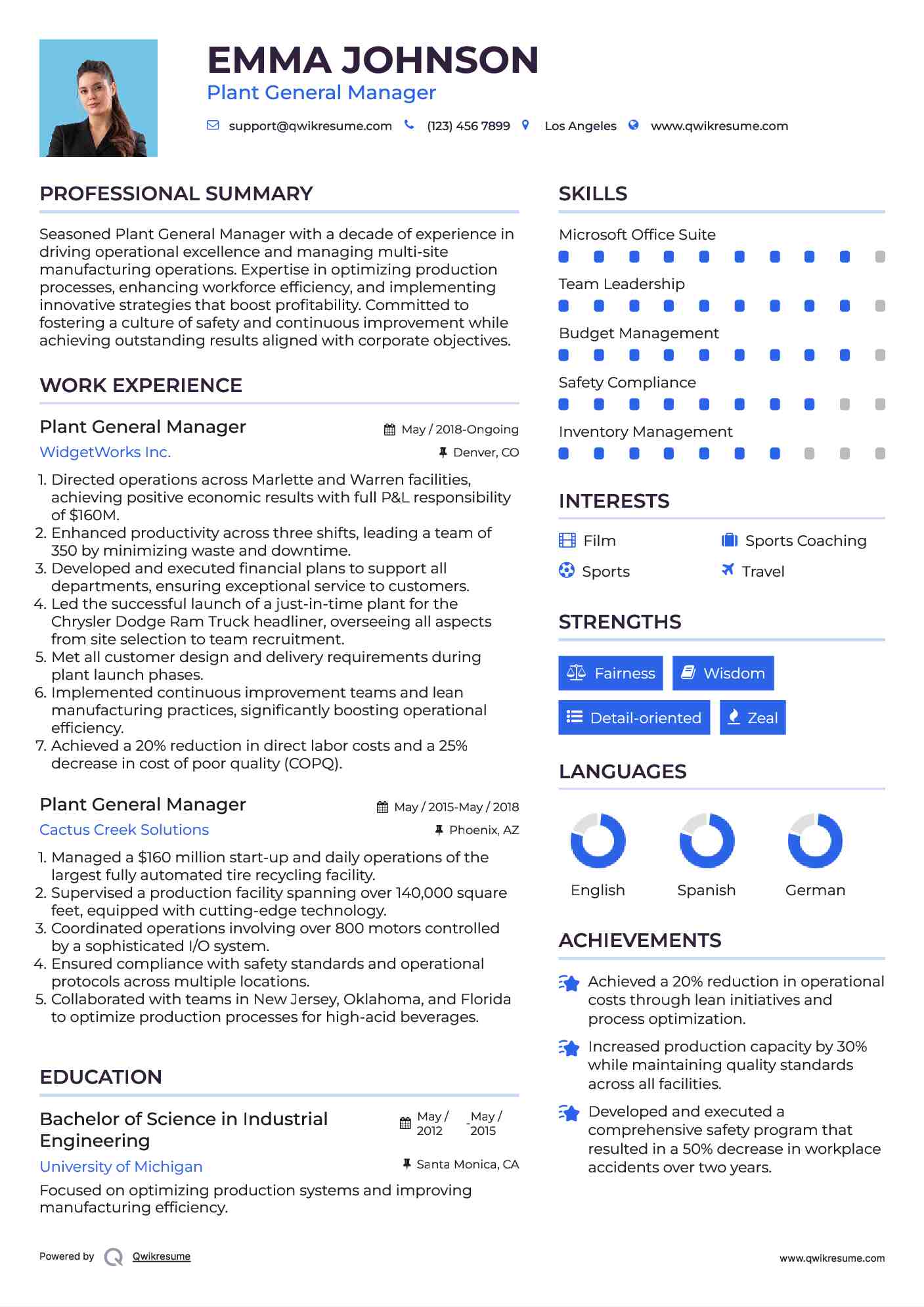 Plant General Manager Resume Sample