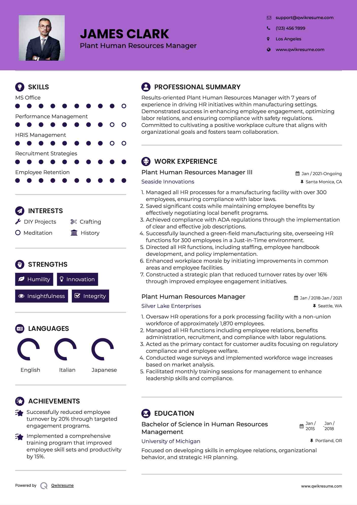 Plant Human Resources Manager III Resume Format