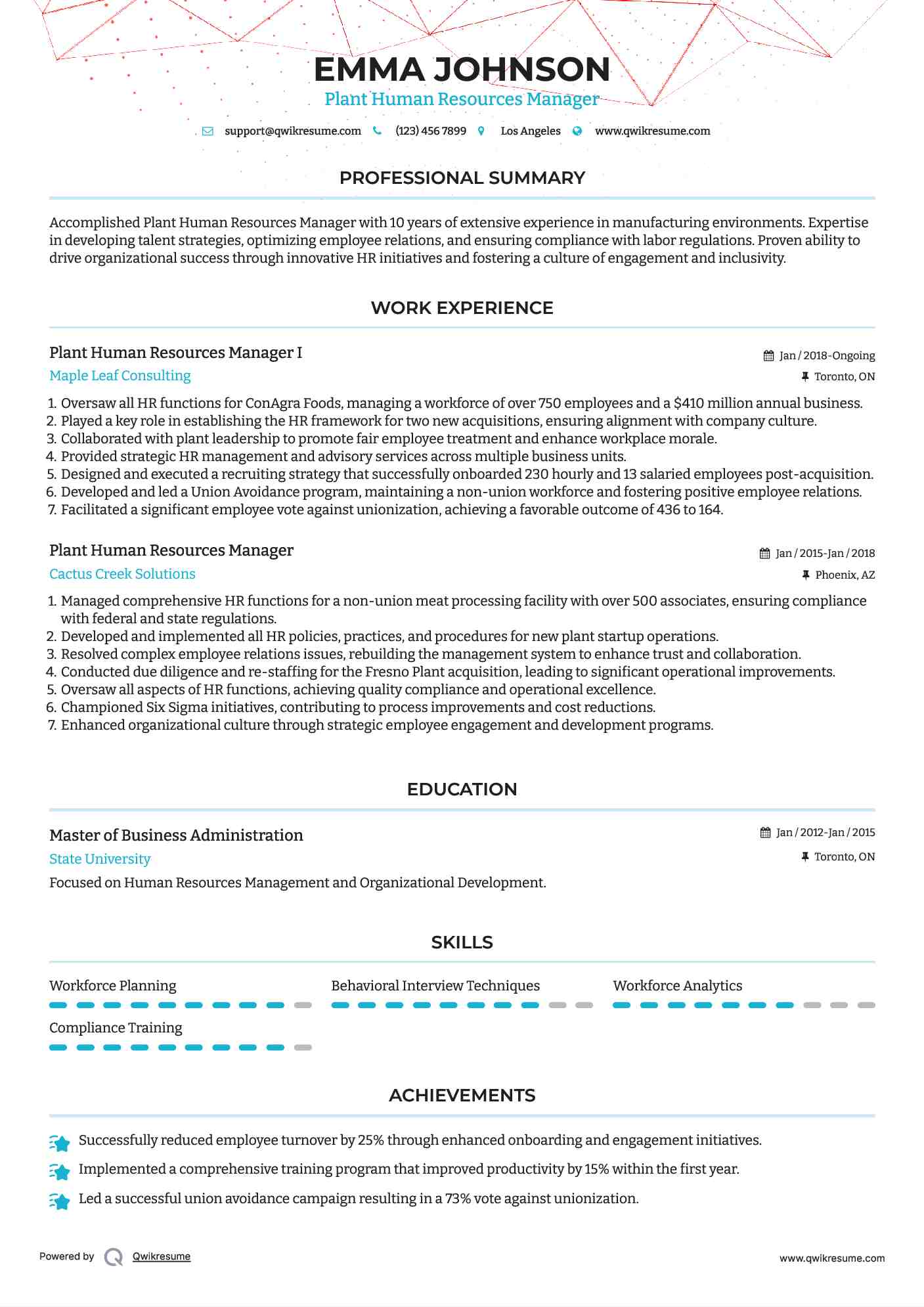 Plant Human Resources Manager I Resume Format