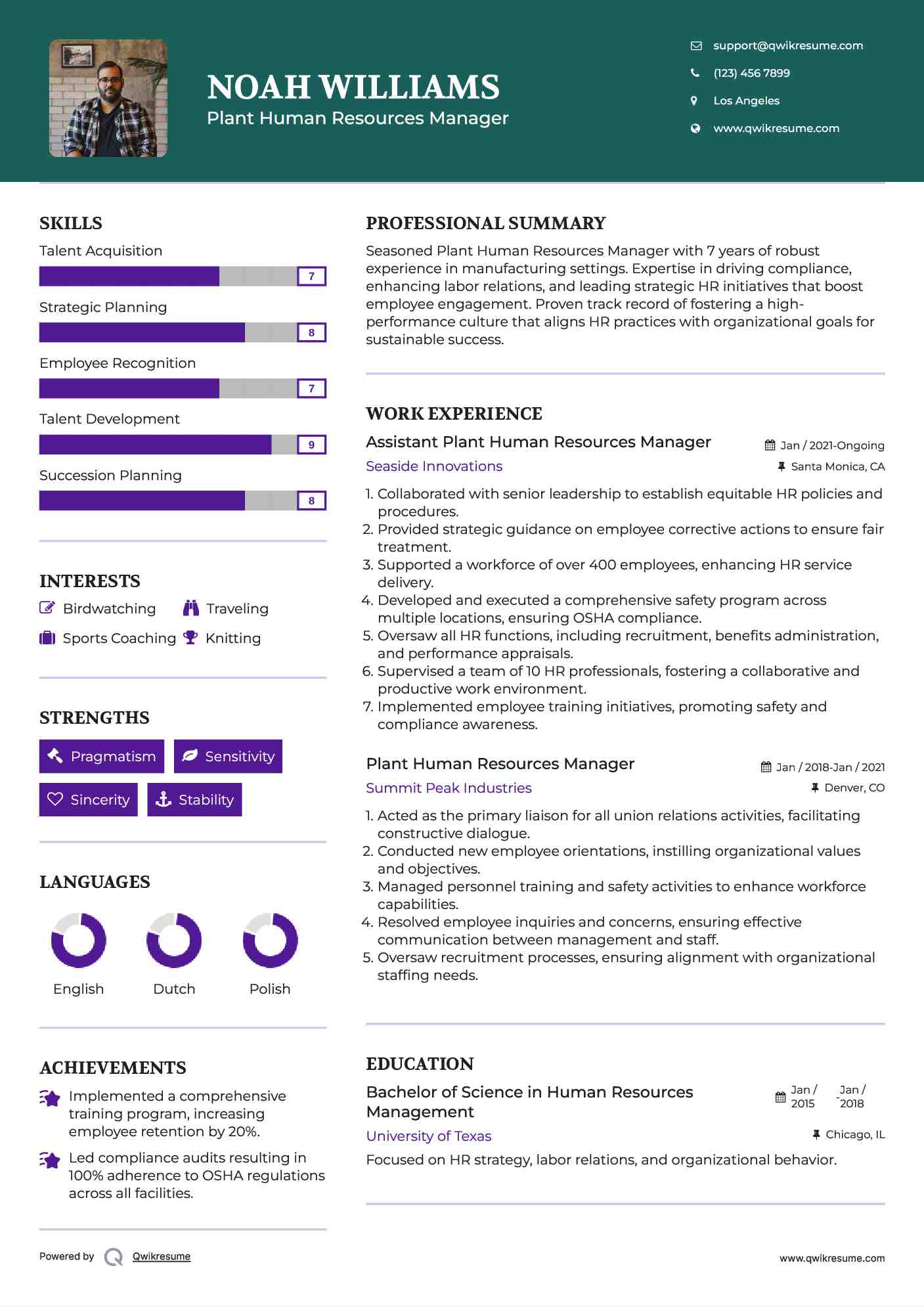 Assistant Plant Human Resources Manager Resume Model