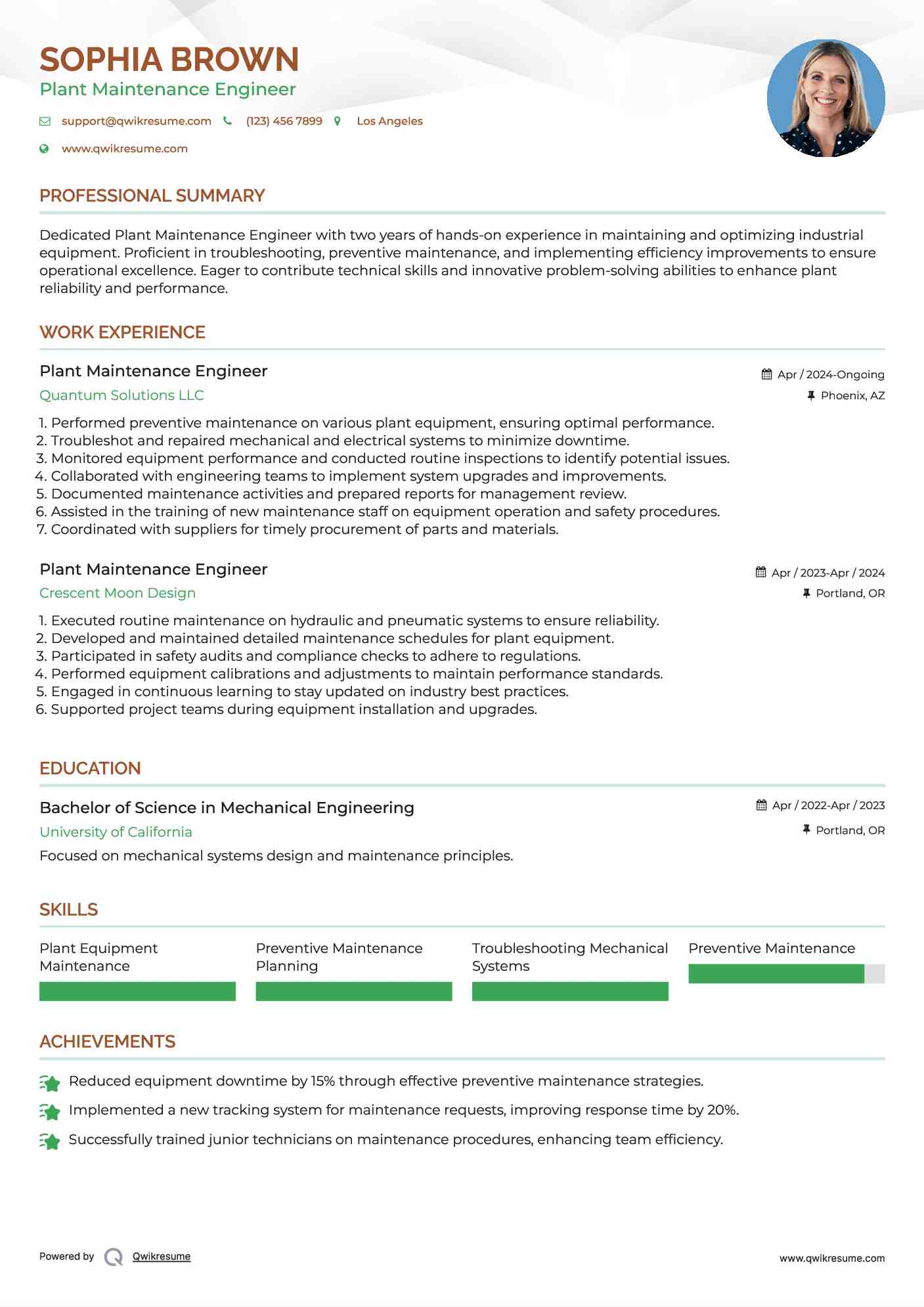 Plant Maintenance Engineer Resume Format