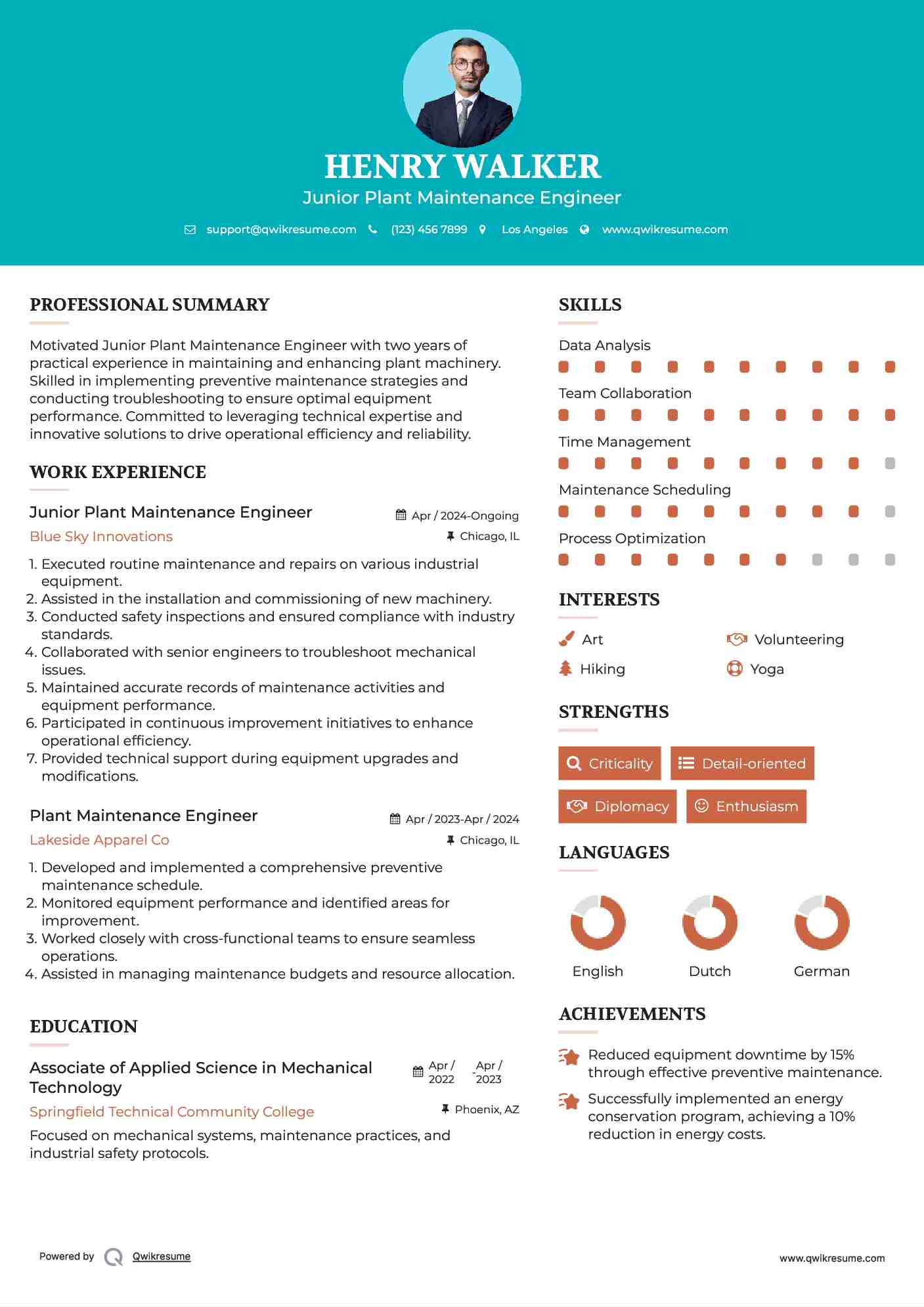 Junior Plant Maintenance Engineer Resume Model