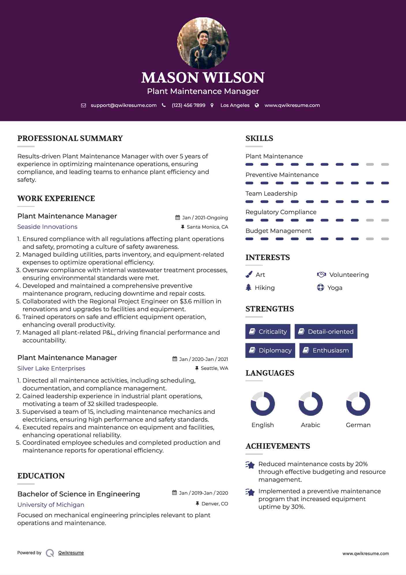 Plant Maintenance Manager Resume Sample