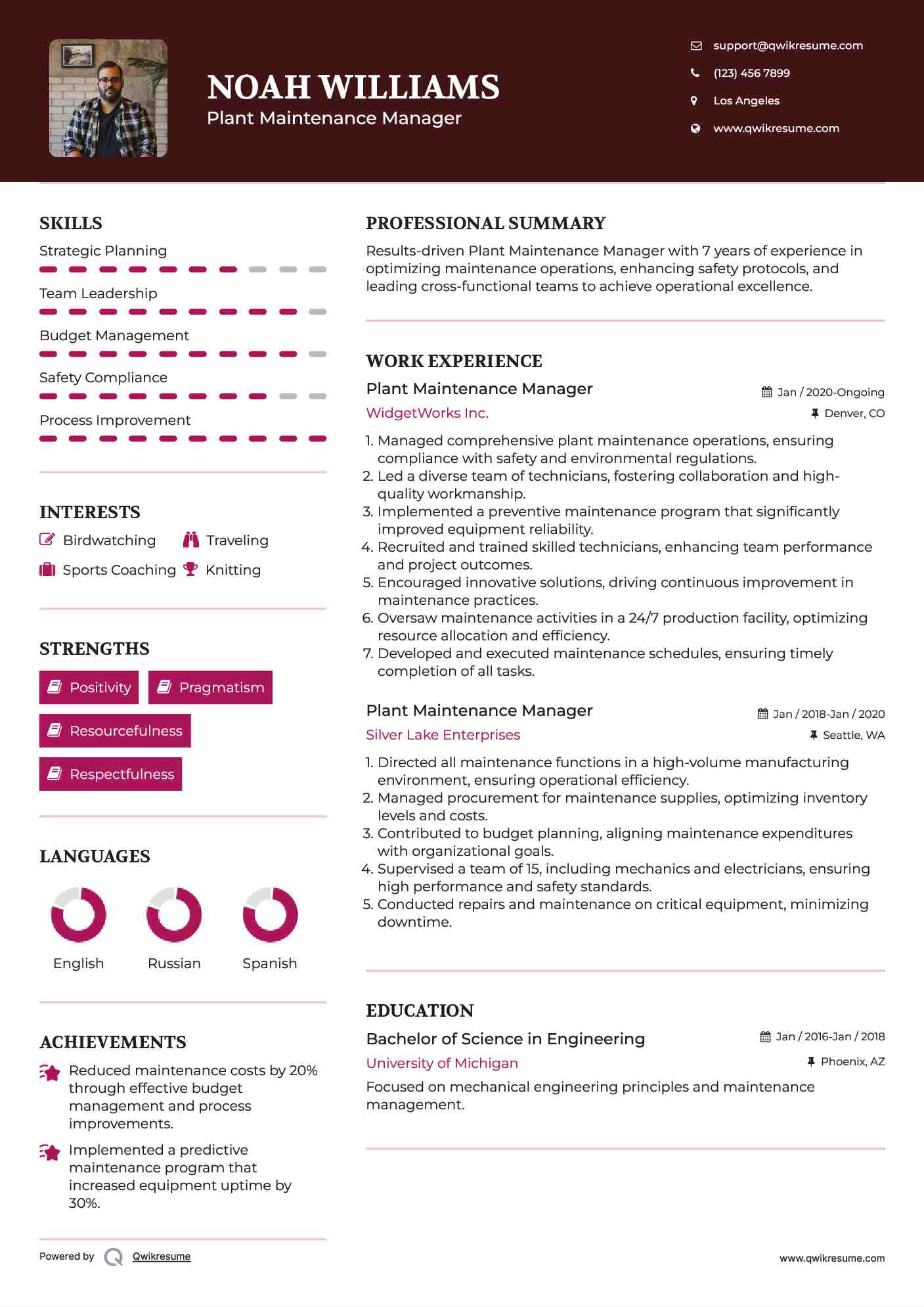 Plant Maintenance Manager Resume Format