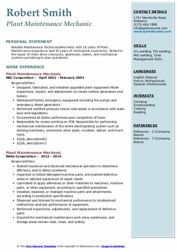 Plant Maintenance Mechanic Resume Samples QwikResume