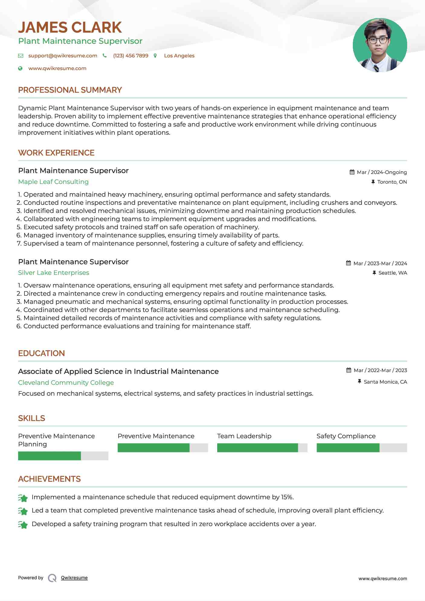 Plant Maintenance Supervisor Resume Model