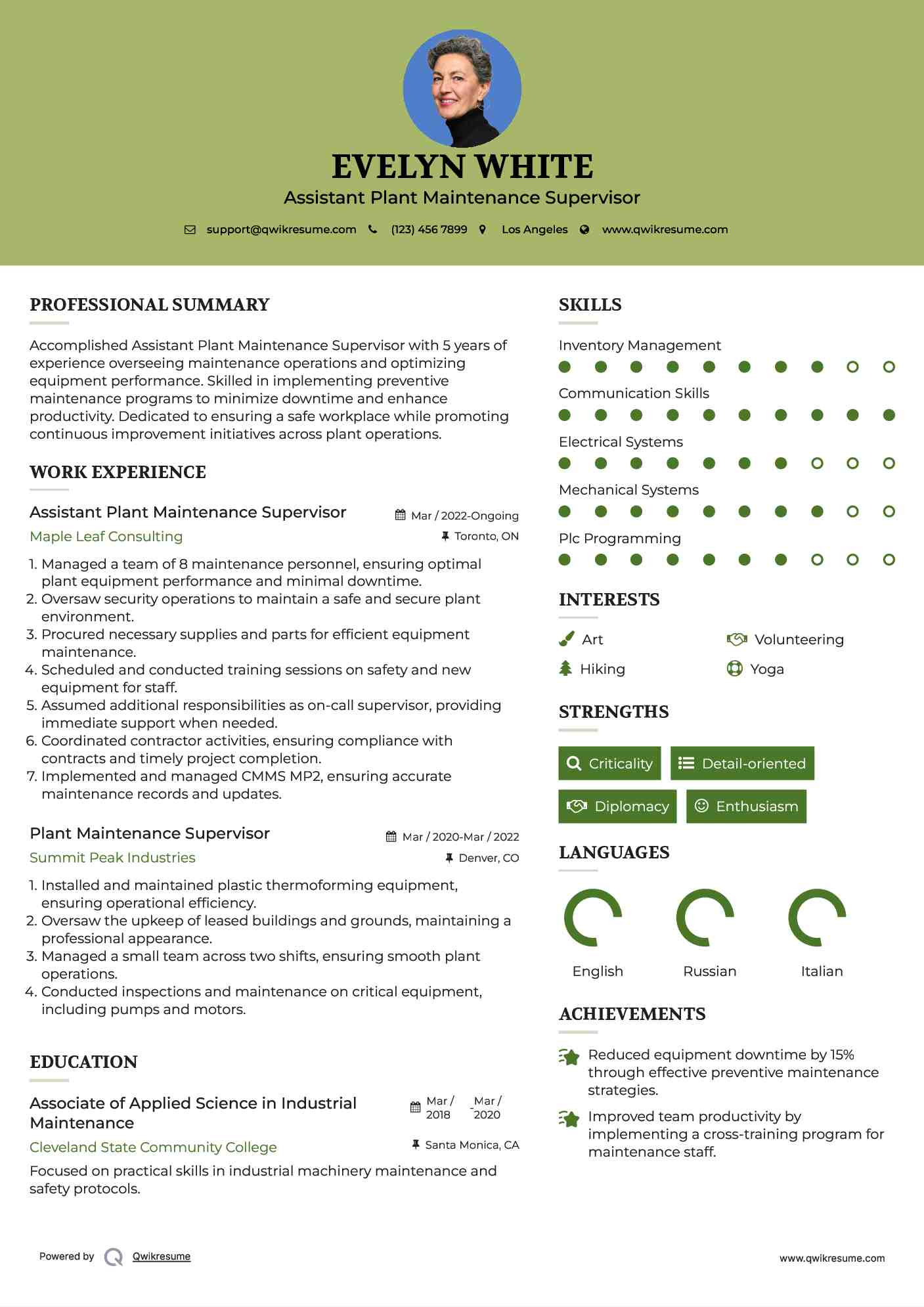 Assistant Plant Maintenance Supervisor Resume Format