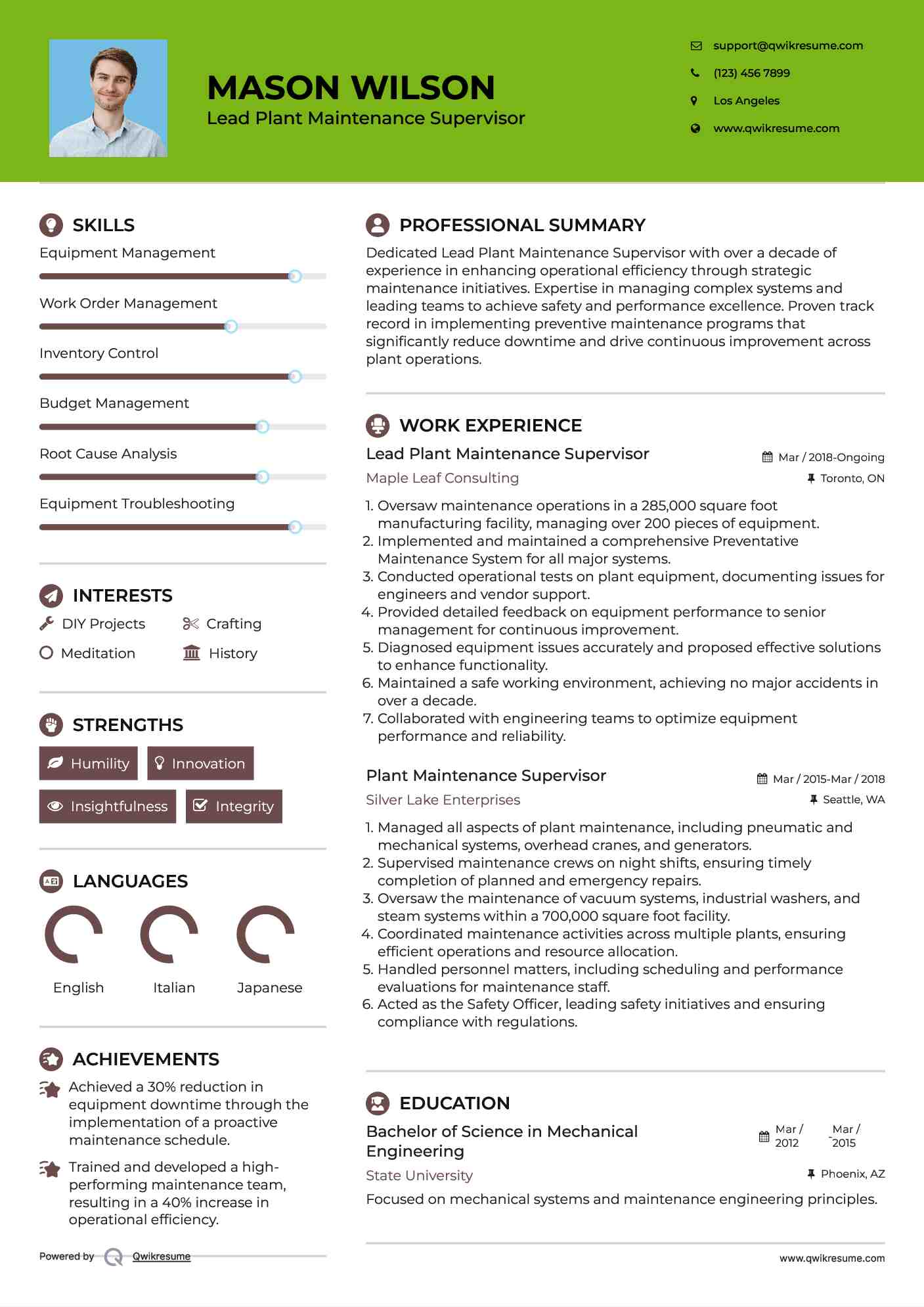 Lead Plant Maintenance Supervisor Resume Template