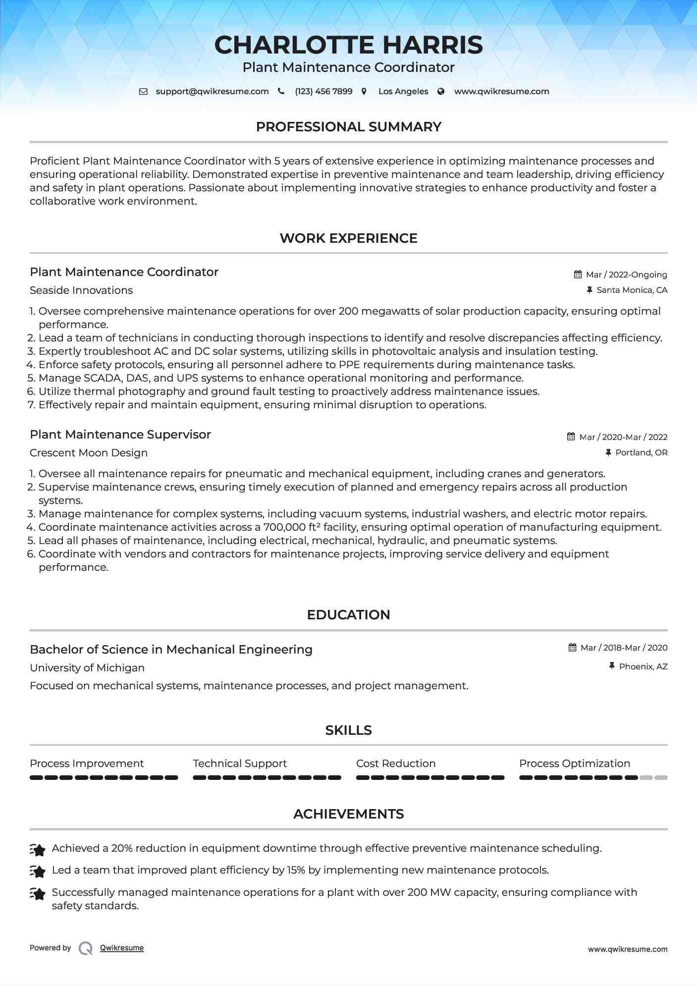 Plant Maintenance Coordinator Resume Model