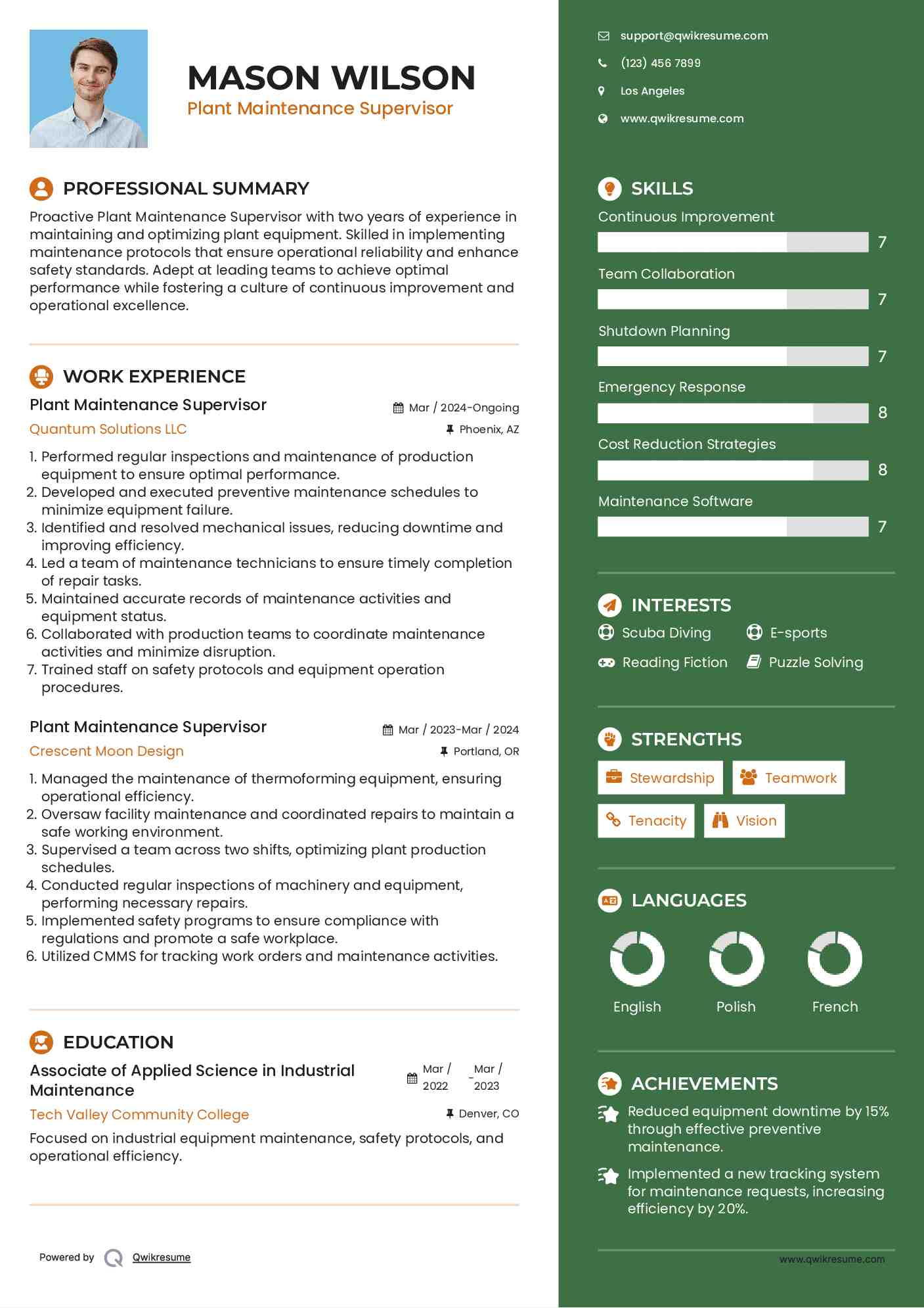 Plant Maintenance Supervisor Resume Model