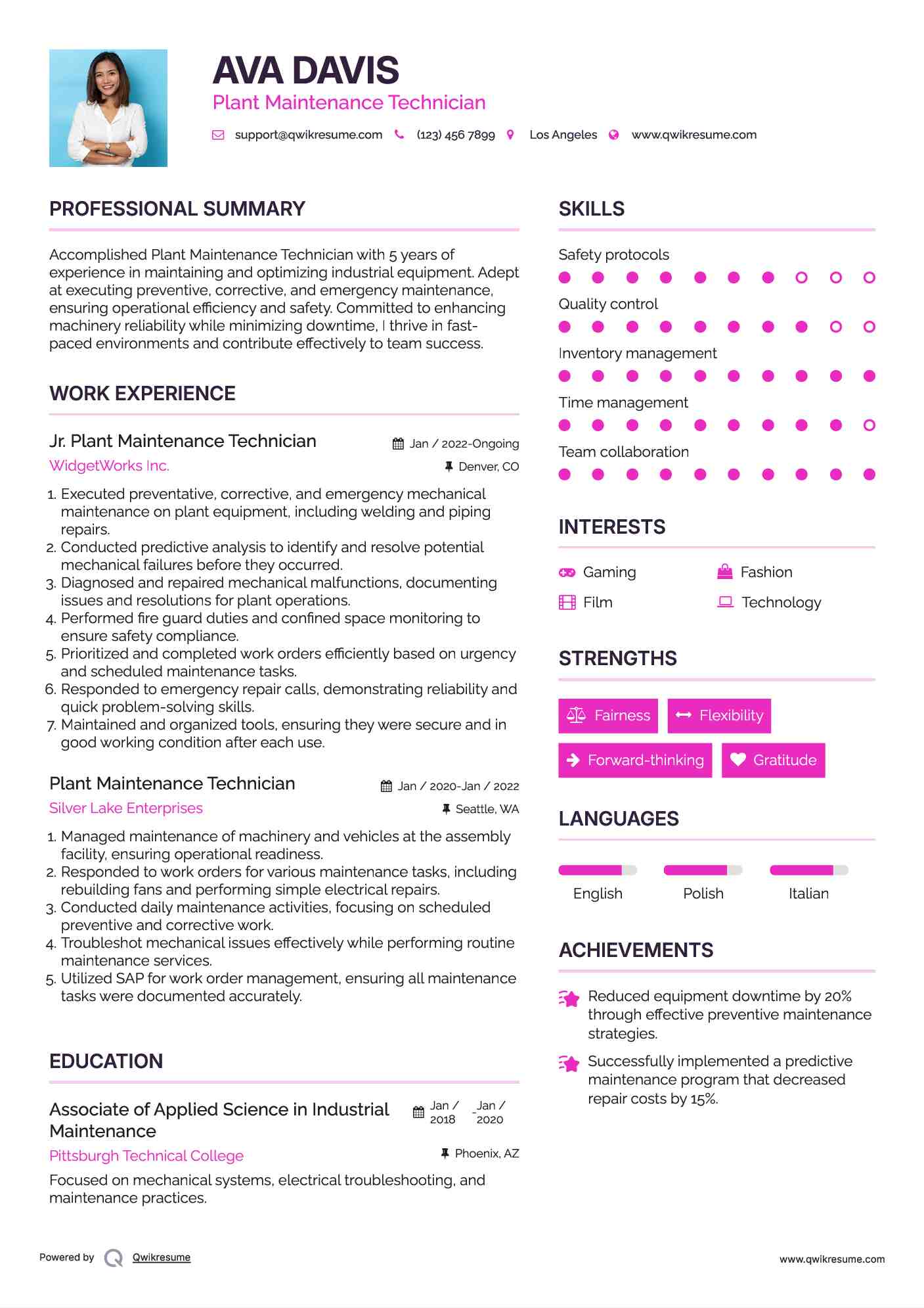 Jr. Plant Maintenance Technician Resume Template
